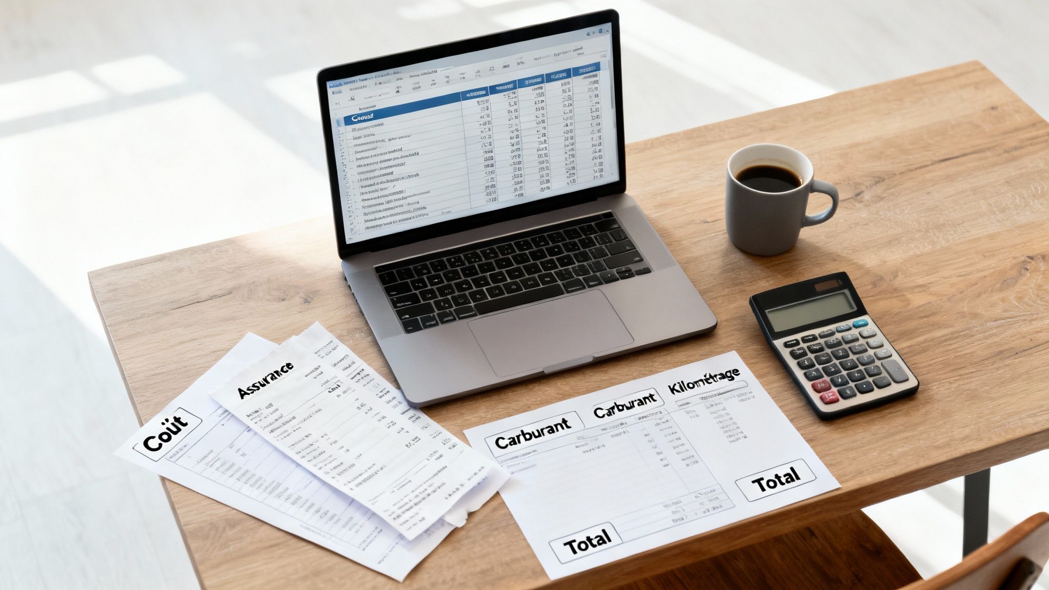 Un bureau avec un ordinateur portable, des documents de dépenses automobiles (coût, assurance, carburant, kilométrage) et une calculatrice.