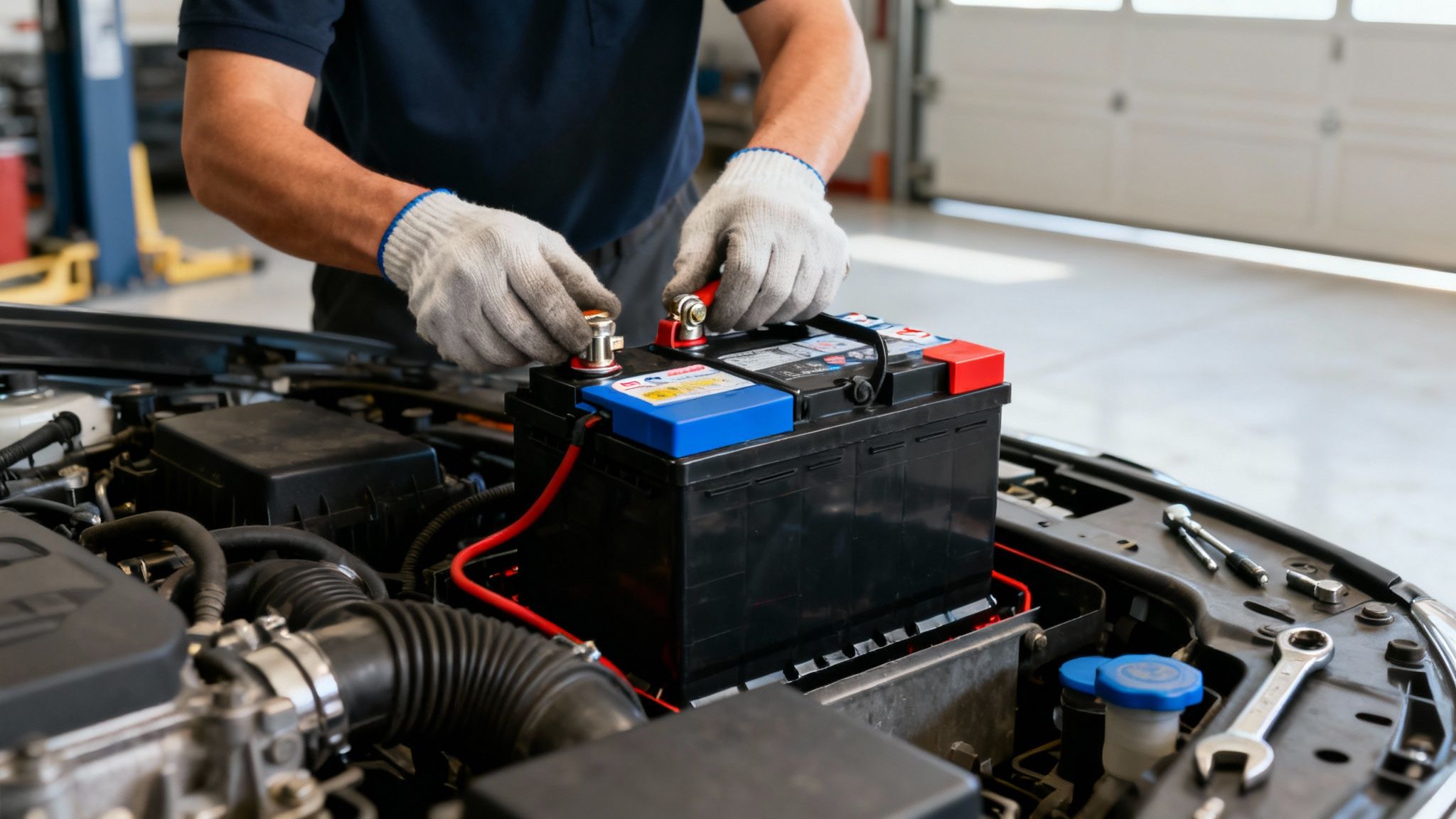 Une personne remplaçant une batterie de voiture dans le compartiment moteur.