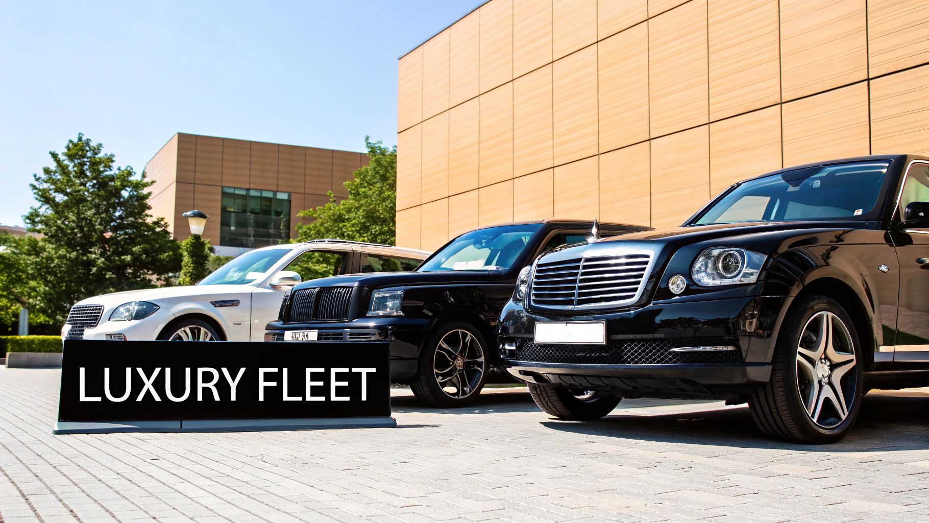 A fleet of luxury cars including an SUV and a sports car parked in front of a modern Dubai building