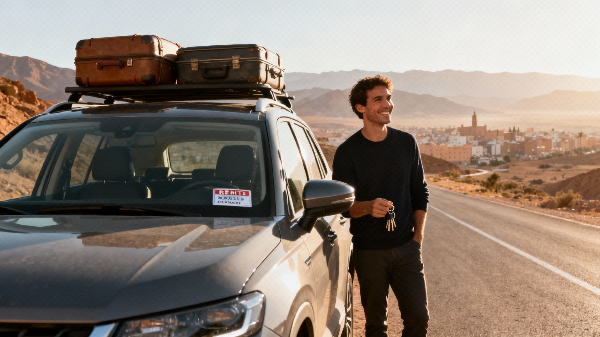 Un SUV hybride rechargeable blanc sur une route marocaine.