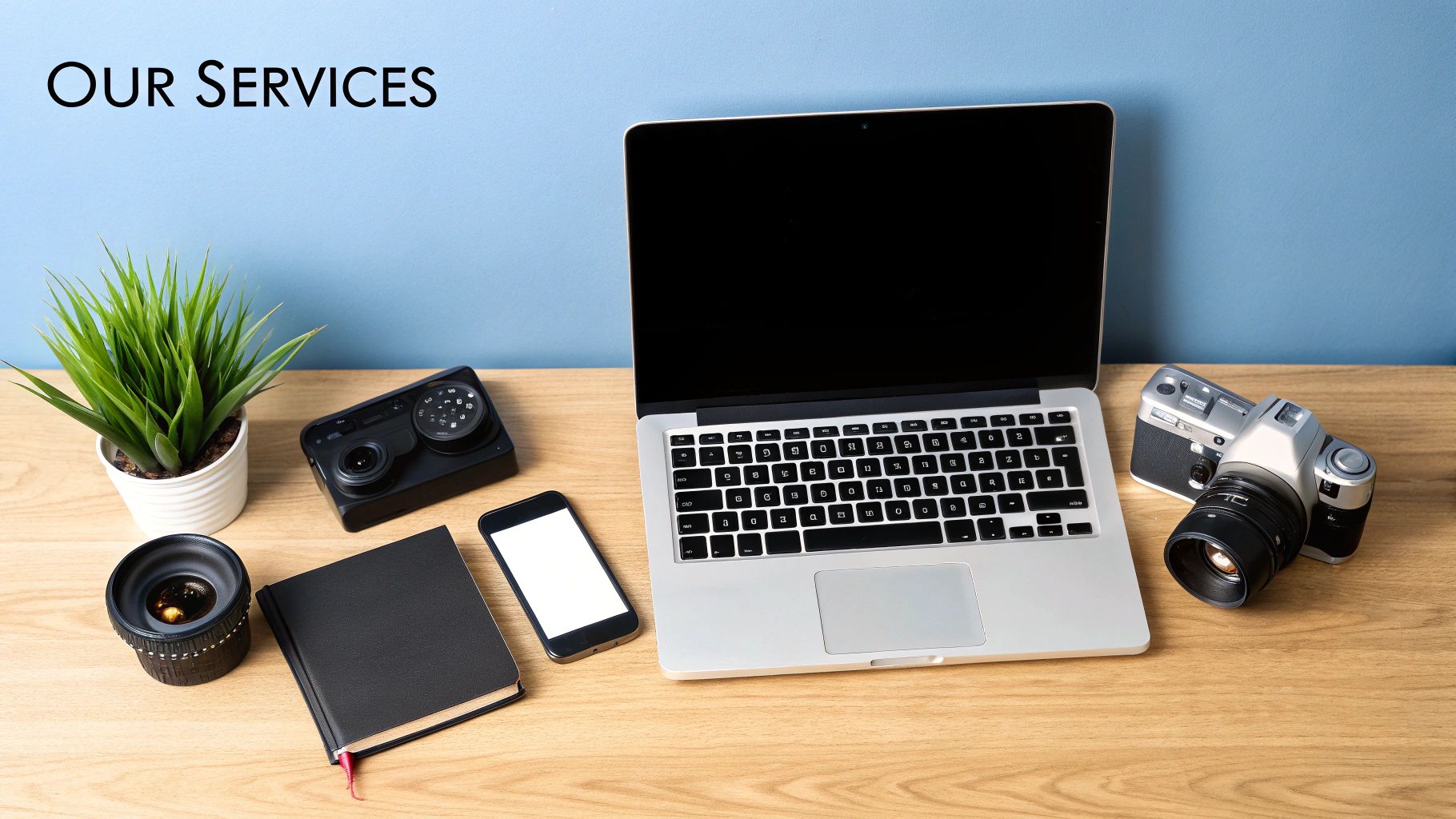 A person at a desk surrounded by icons representing different content types like video, text, and audio