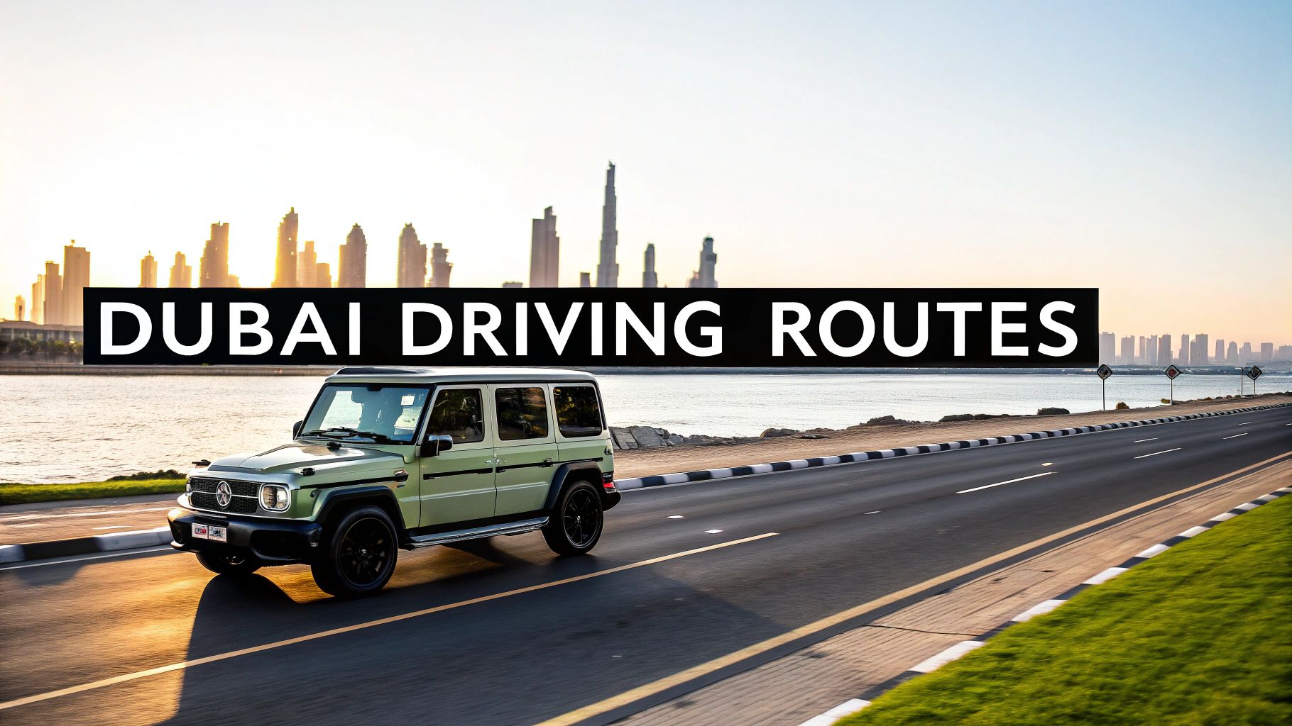 Rent G63 in Dubai: Your Definitive Guide to rent g63 in dubai 3 A light green Mercedes-Benz G-Wagen drives along a scenic road with the Dubai skyline.