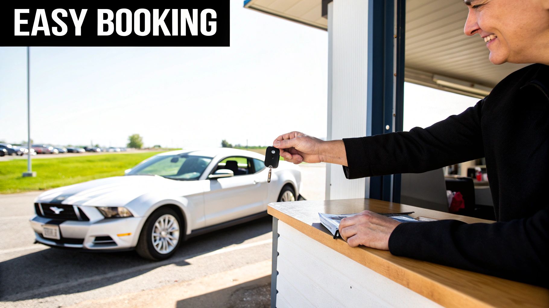 Your Guide to Mustang Dubai Rent 3 A person hands car keys over a counter for a white Ford Mustang, promoting easy booking.