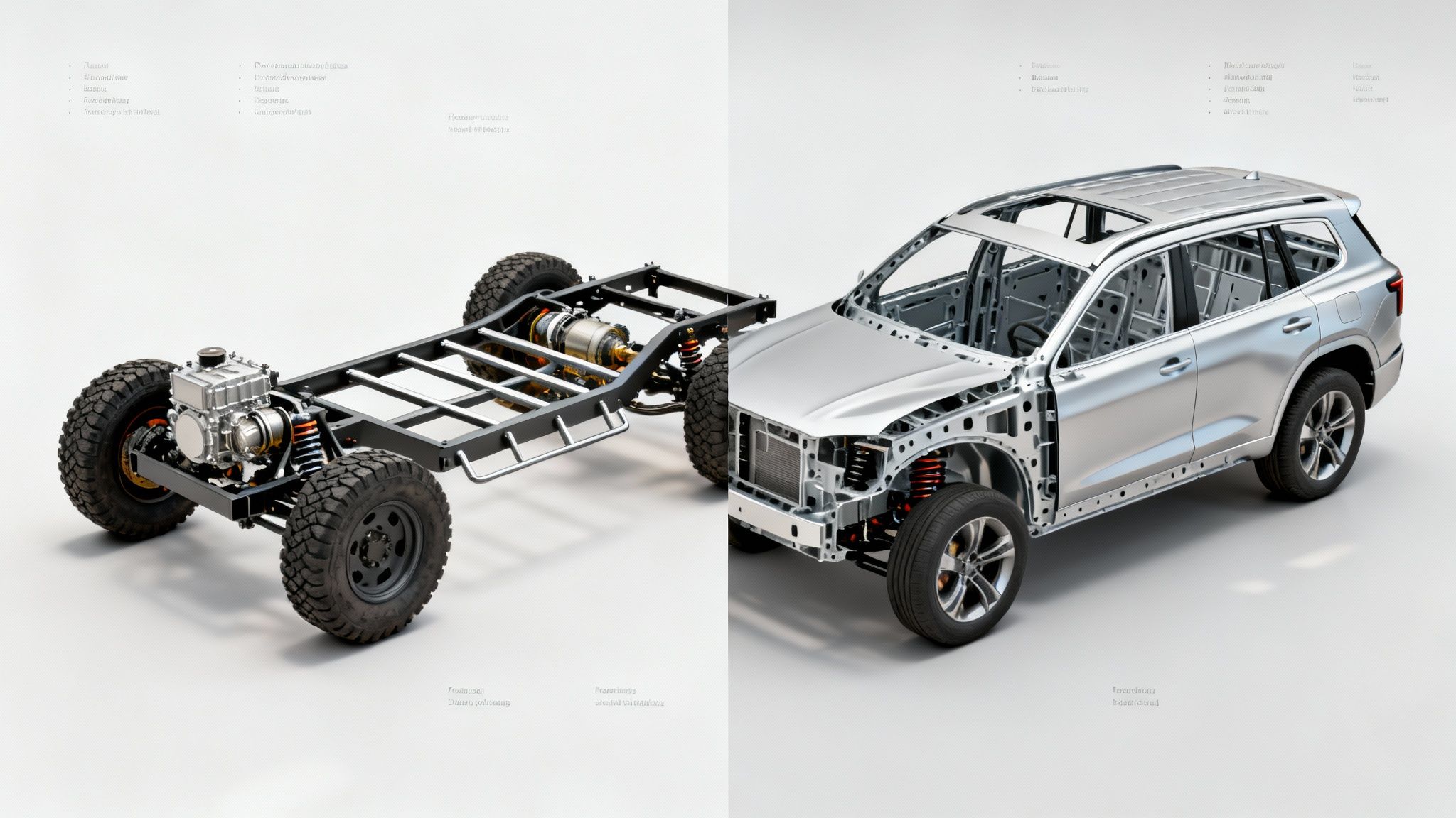 Un châssis 4x4 robuste avec moteur et une carrosserie de SUV en aluminium en cours d'assemblage.