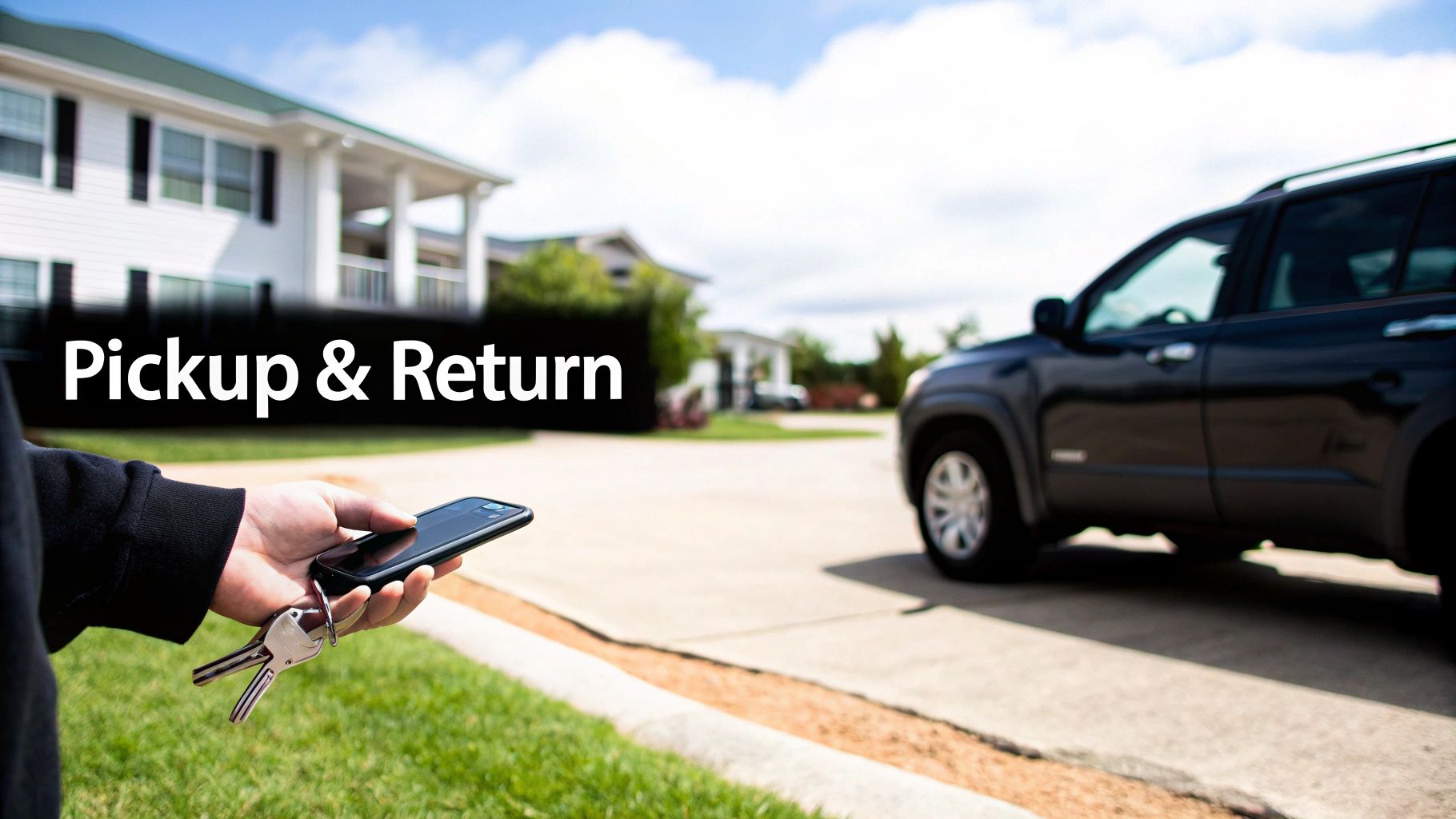 How to Rent a Cadillac Escalade in Dubai A Practical Guide 4 A person holding car keys and a smartphone, next to a car, with text 'Pickup & Return'.