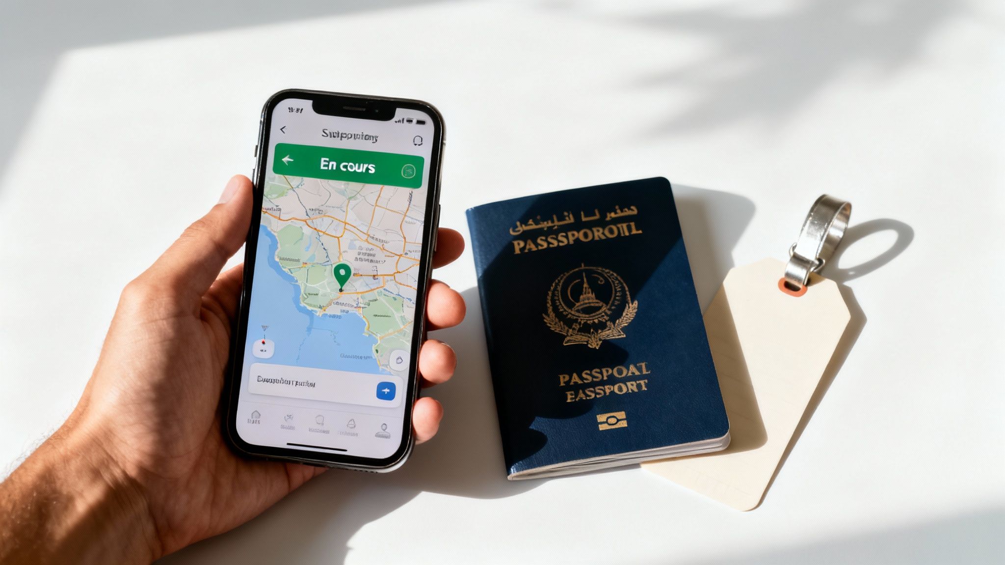 Une main tient un smartphone affichant une carte avec un point vert, à côté d'un passeport et d'une étiquette de bagage sur fond blanc.