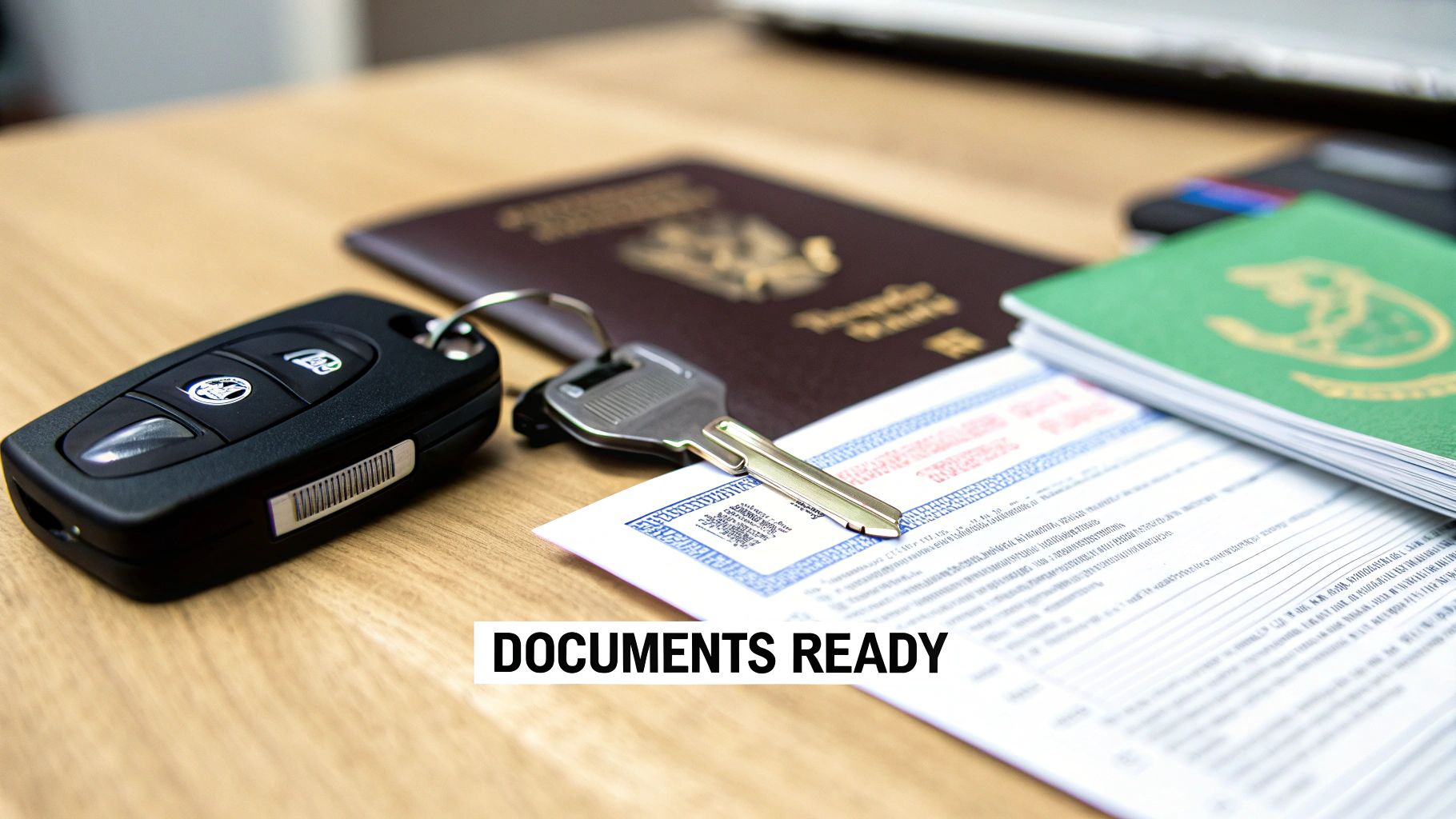 Rental Bentley Dubai Your Ultimate Luxury Guide 2 Car keys with passports and rental documents on wooden desk ready for luxury car rental