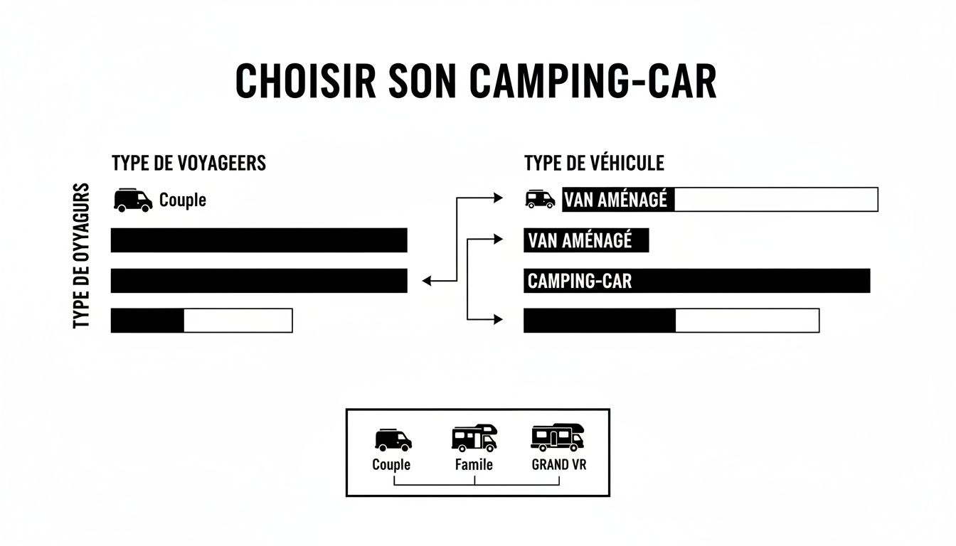 Un diagramme explicatif pour choisir un camping-car, classant les types de véhicules selon le nombre de voyageurs (couple, famille, grand VR).