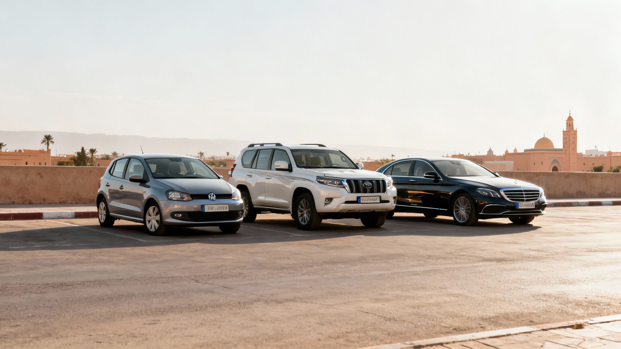 Trois voitures (Volkswagen Polo, Toyota Land Cruiser, Mercedes-Benz) garées dans un parking marocain avec une mosquée en arrière-plan.