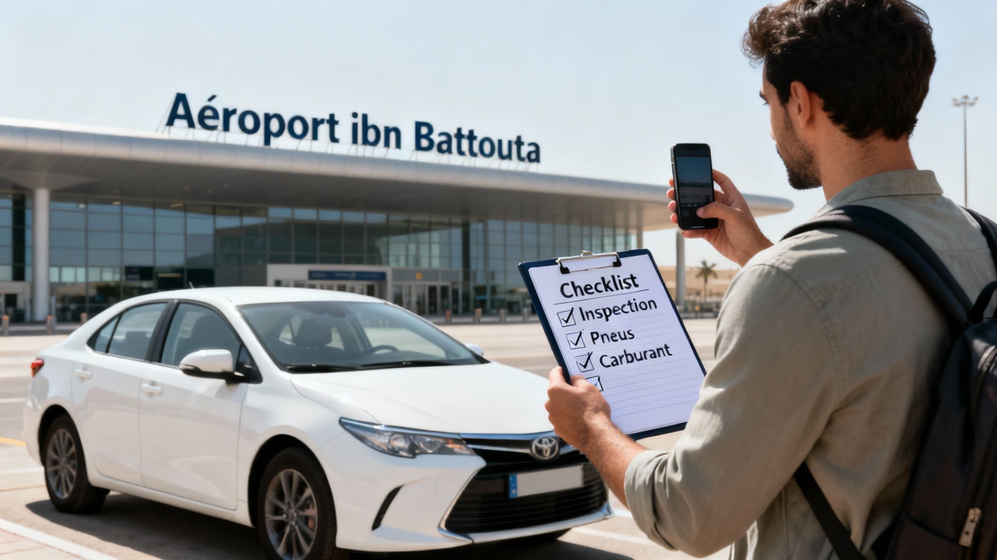 Un homme vérifie une voiture de location avec une checklist et un téléphone devant l'Aéroport Ibn Battouta.