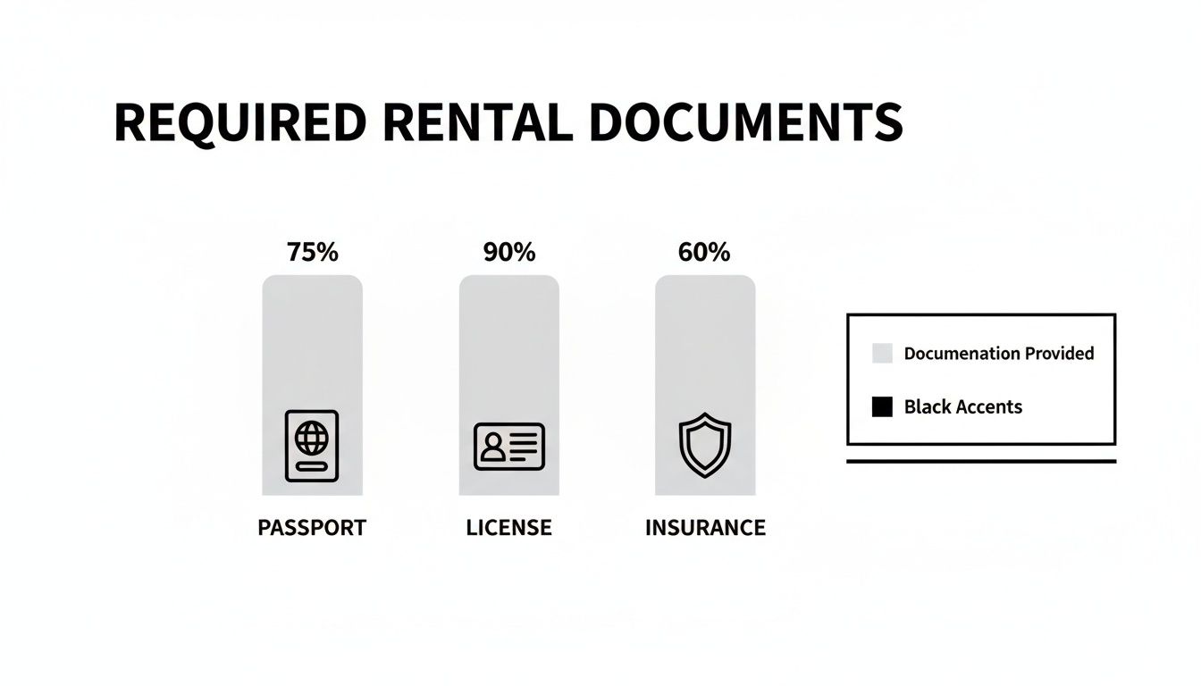 Weekly car hire dubai: Your Ultimate Guide to Smart Rentals 2 Bar chart displaying required rental document provision rates: Passport (75%), License (90%), and Insurance (60%).