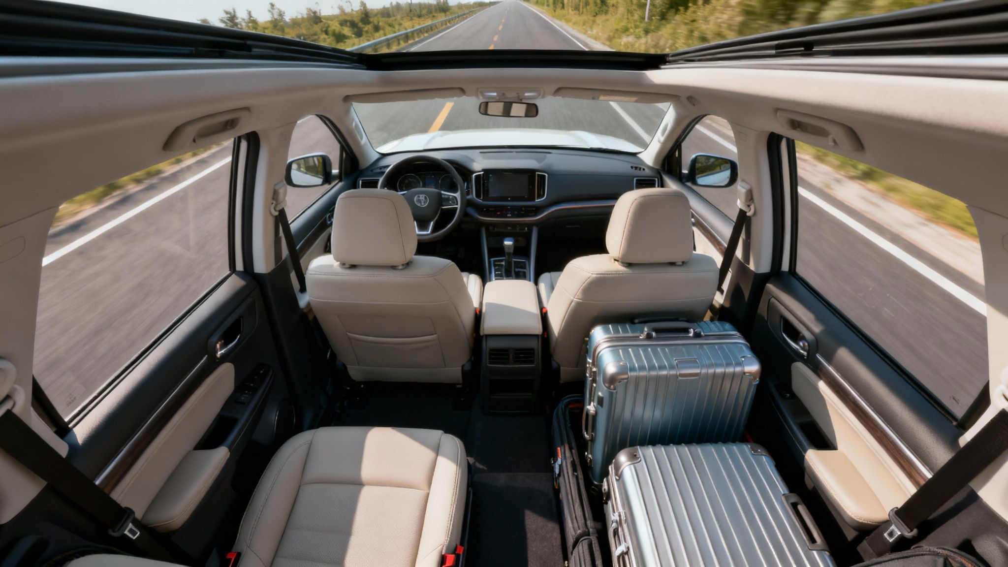 Vue intérieure d'un SUV avec toit panoramique, sièges beiges, et route ensoleillée défilant.