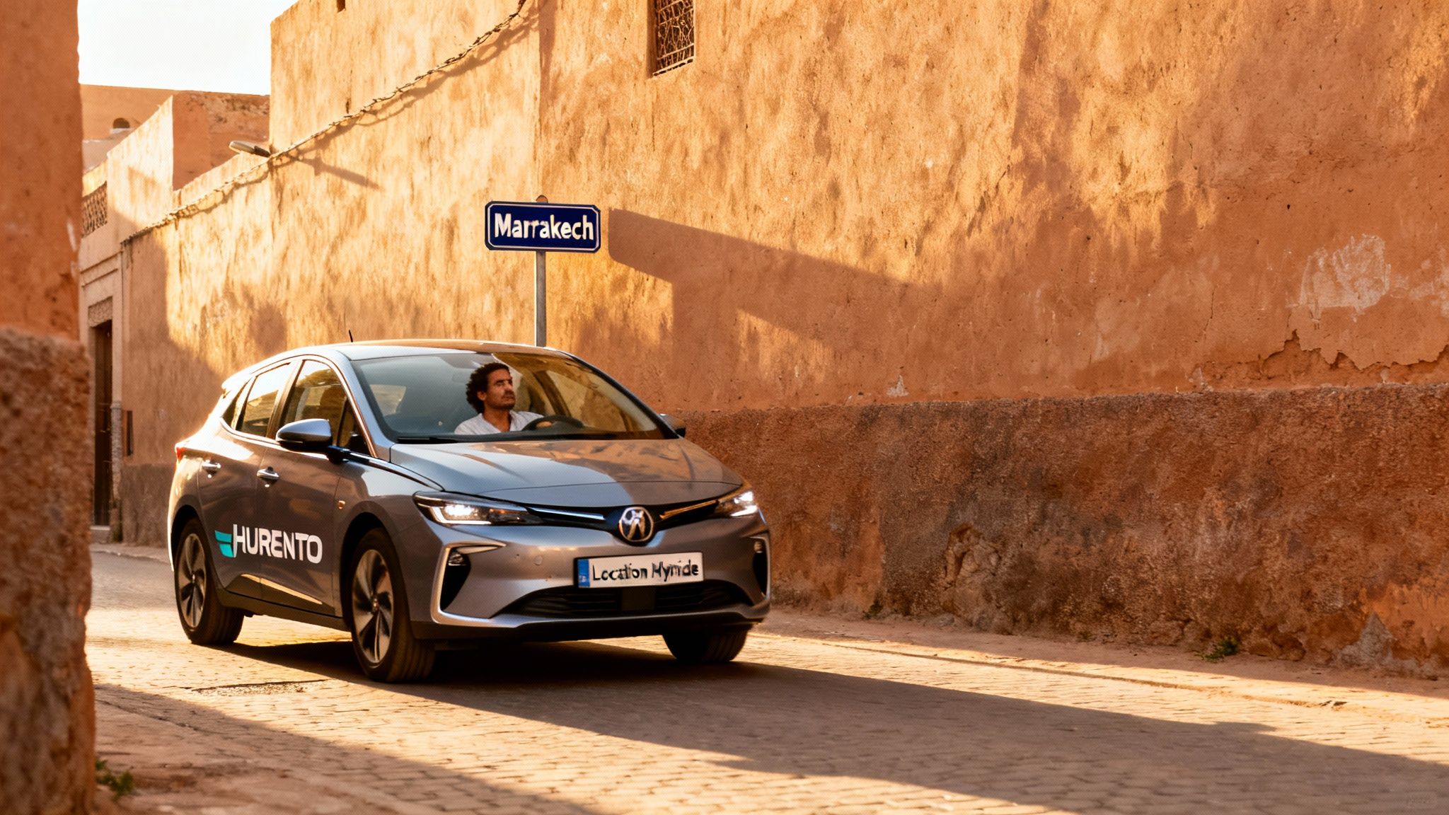 Homme conduisant une voiture hybride HURENTO dans une rue de Marrakech, sous le soleil éclatant.