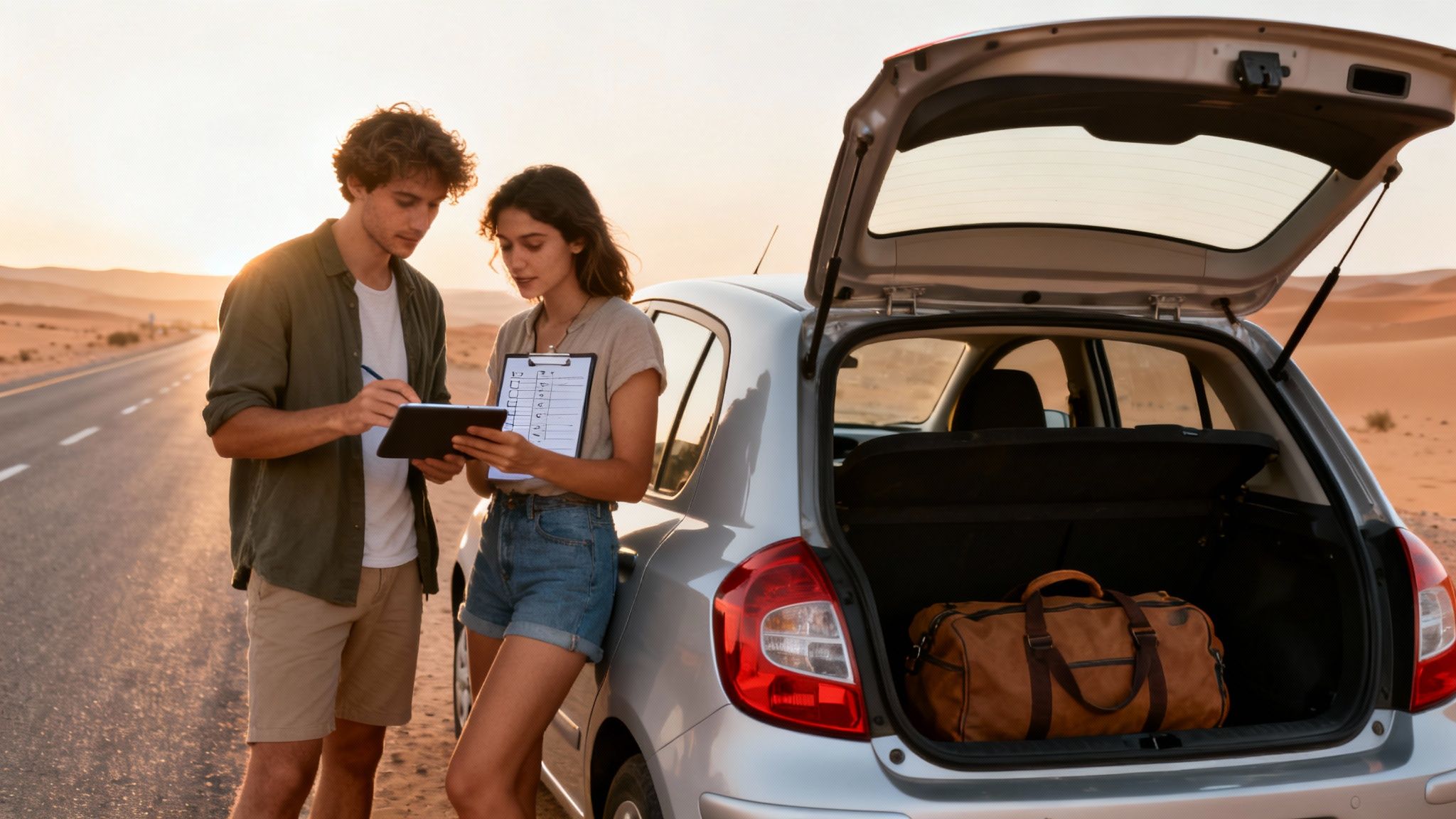 Jeune couple vérifiant une liste près d'une voiture sur une route désertique au coucher du soleil.