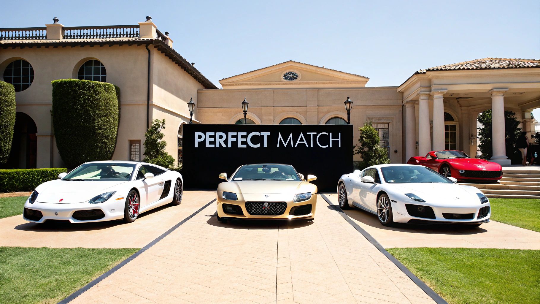 Your Insider Guide to Exotic Car Rent in Dubai 3 Four luxurious sports cars displayed on a paved driveway in front of a grand mansion with a 'PERFECT MATCH' sign.