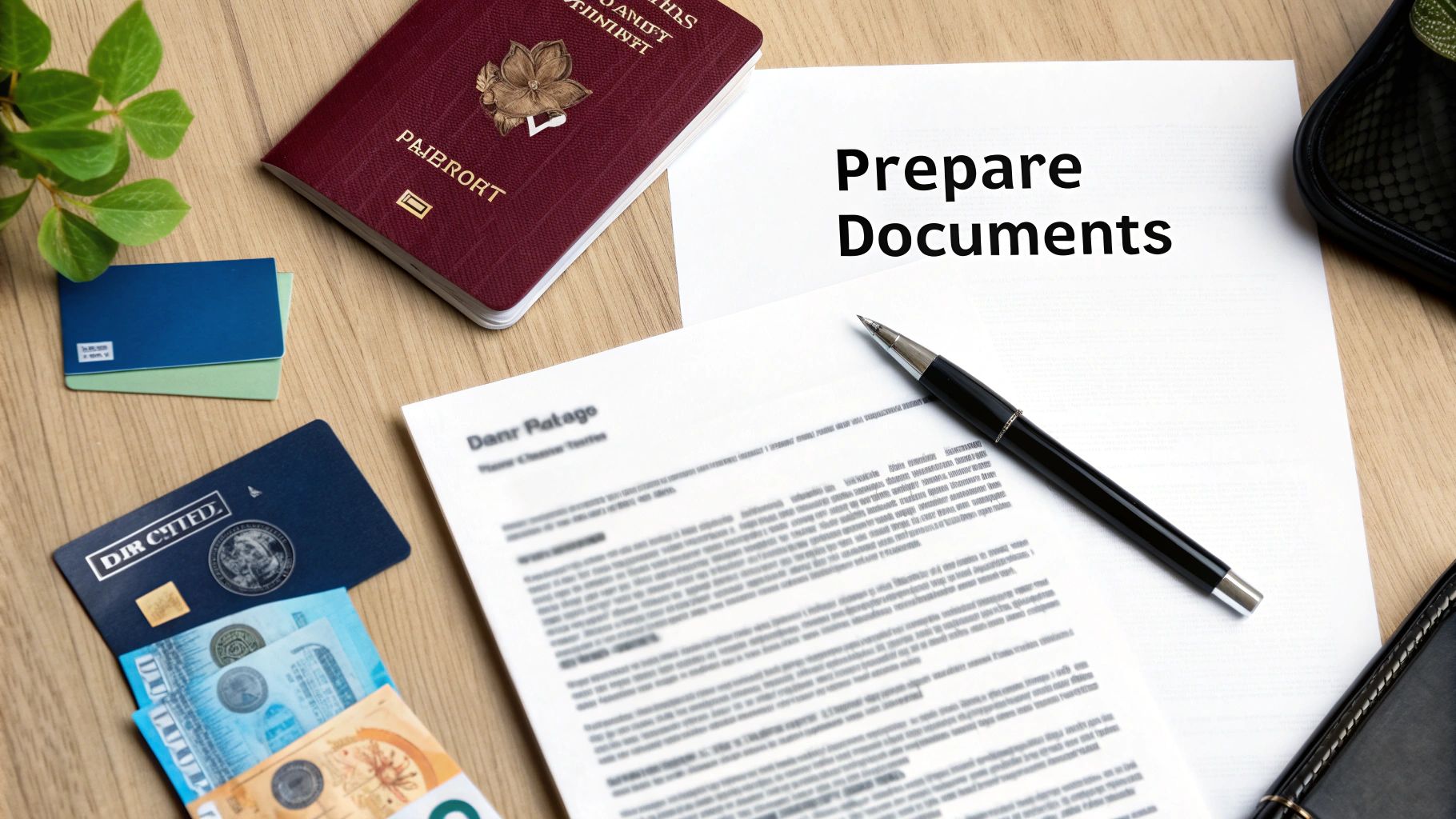 A flat lay of travel documents, passport, pen, credit cards, and cash on a wooden desk.