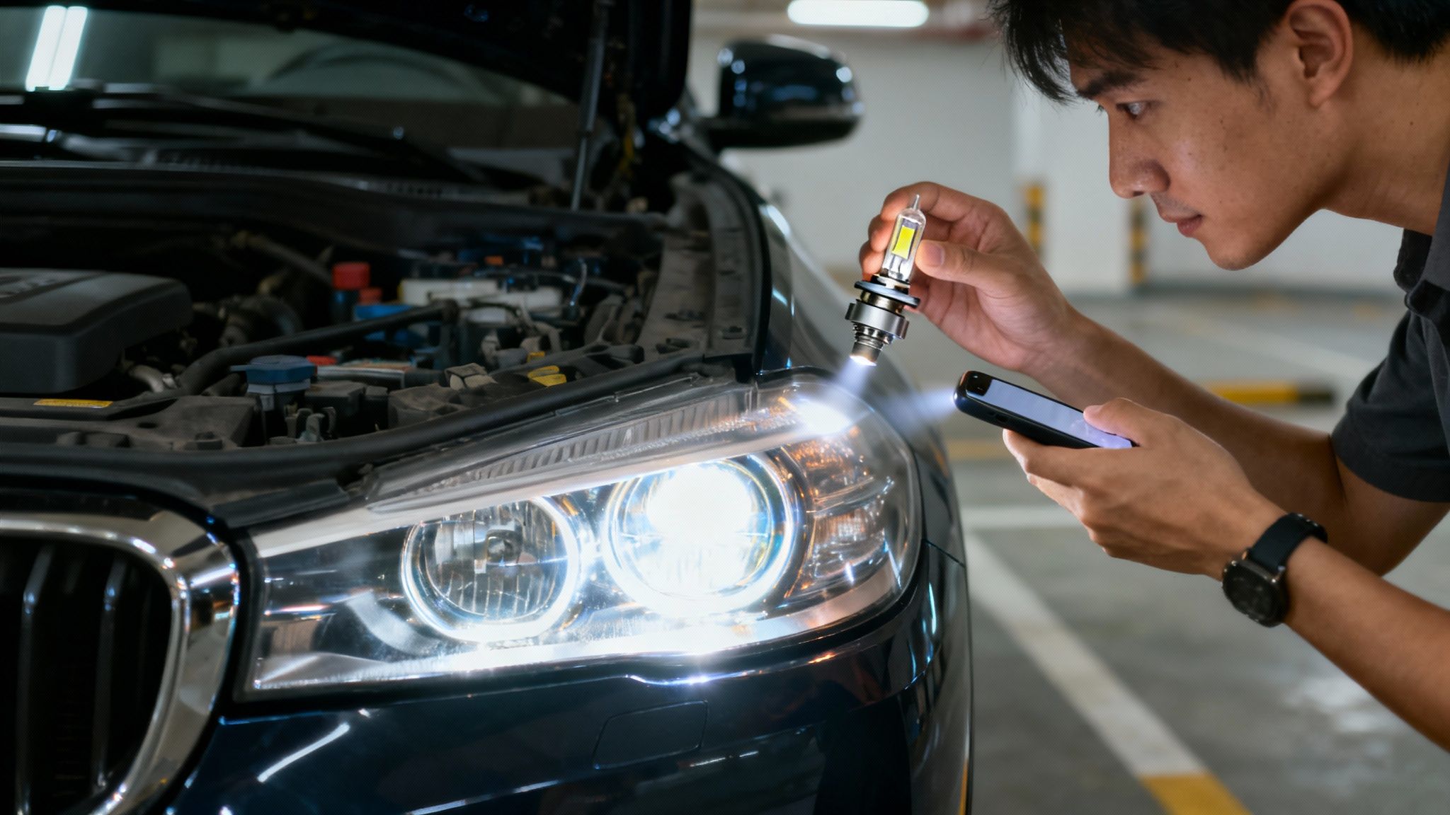 Un homme inspecte une ampoule de phare de voiture avec un smartphone, le capot est ouvert.