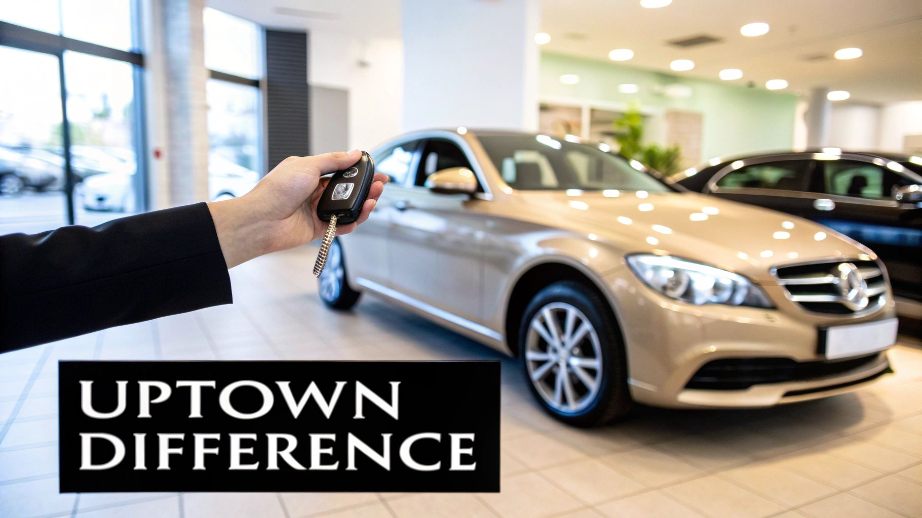 A person's hand holds a car key, standing in front of a new golden car in a dealership, with 'UPTOWN DIFFERENCE' text.