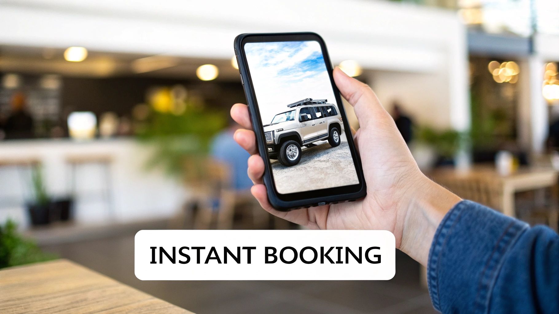 Hand holding a smartphone displaying an SUV for instant booking, with a blurred background.
