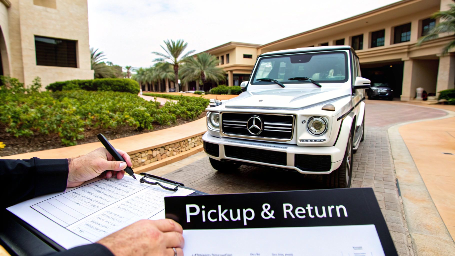 Rent G63 in Dubai: Your Definitive Guide to rent g63 in dubai 2 Person signing a car rental agreement for a white Mercedes G63 SUV at a luxurious resort.