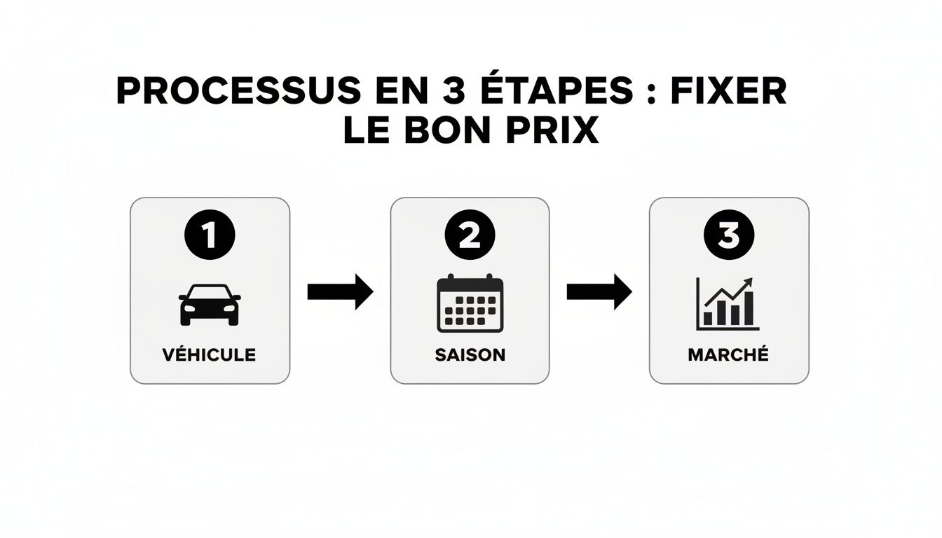 Infographie expliquant le processus en 3 étapes pour fixer le bon prix d'un véhicule : véhicule, saison et marché.