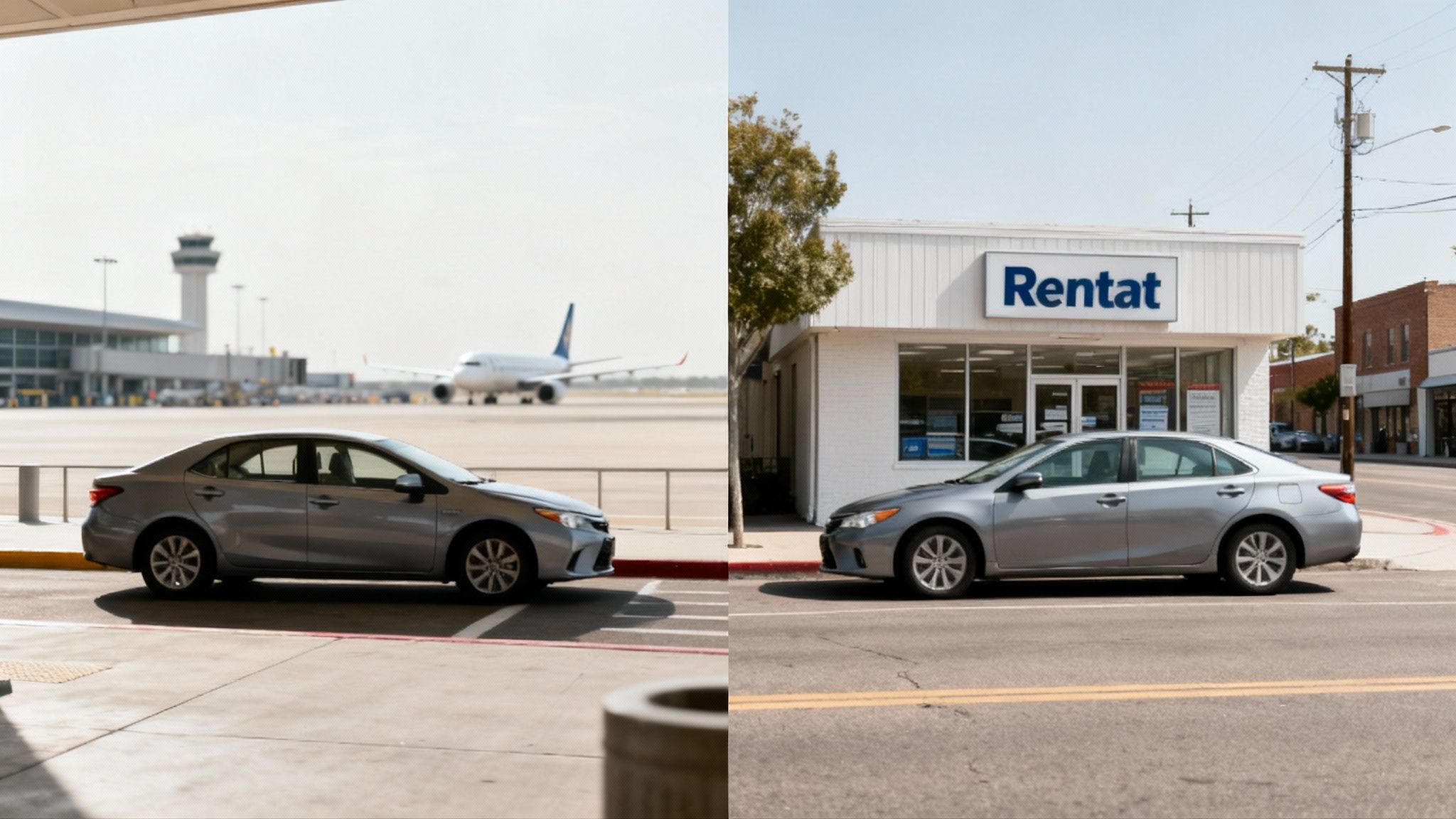 Comparaison prix location voiture au Maroc un guide pour mieux choisir 2 Vue latérale d'une voiture grise à un aéroport et devant une agence de location 'Rentat'.