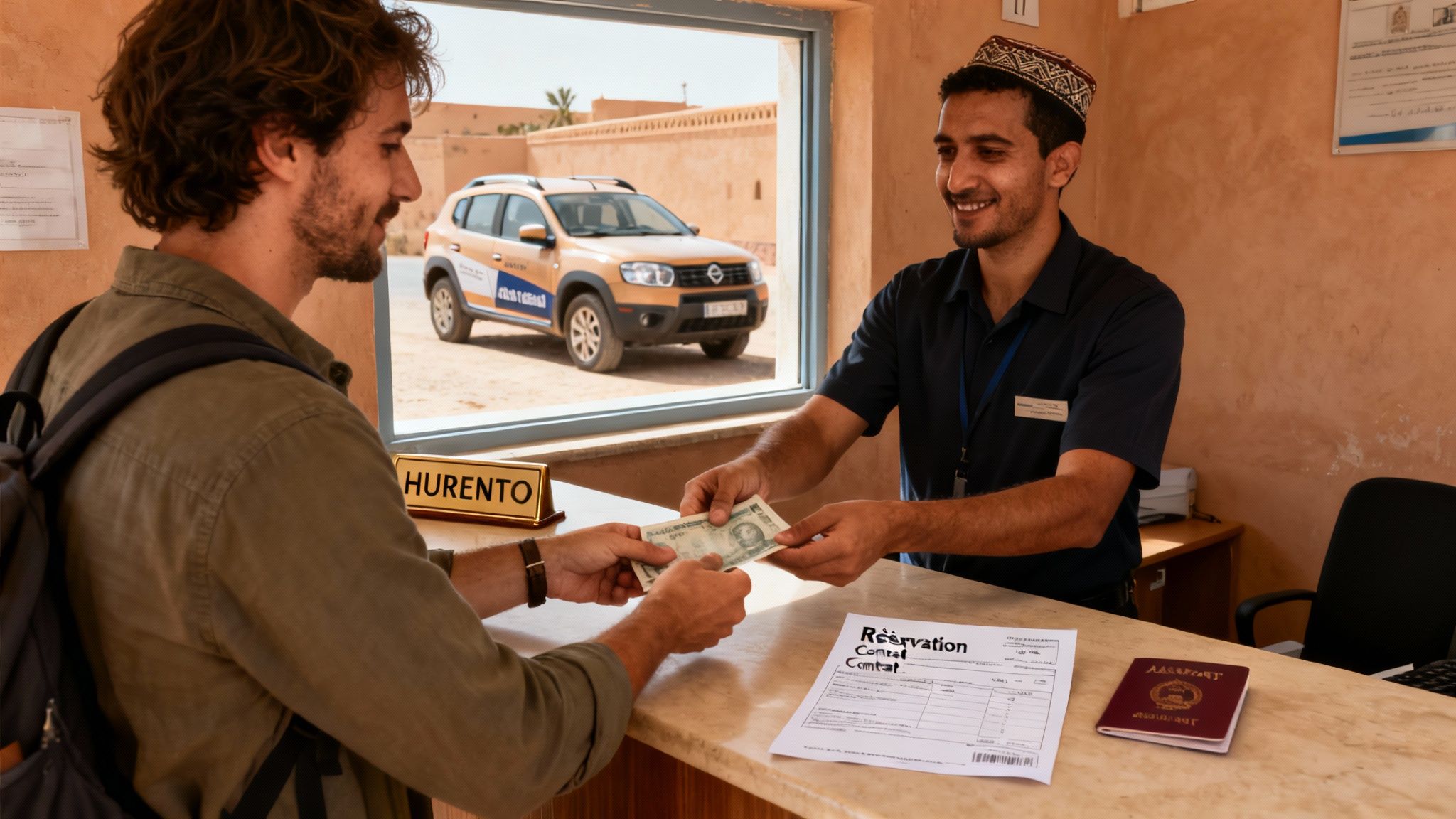Un client paie un employé de location de voiture à un comptoir, avec une voiture visible.