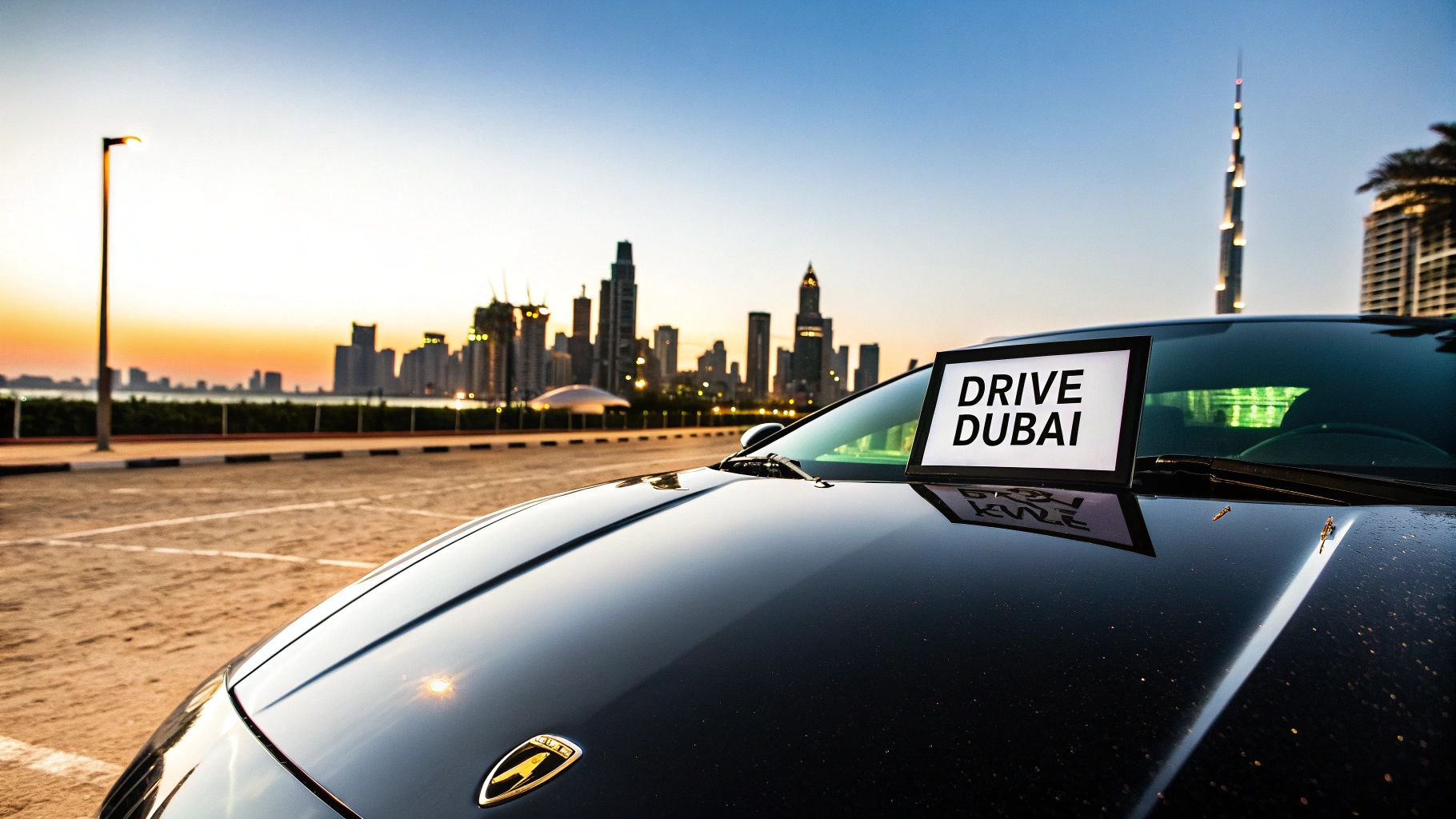 A luxury supercar parked with the modern Dubai skyline in the background