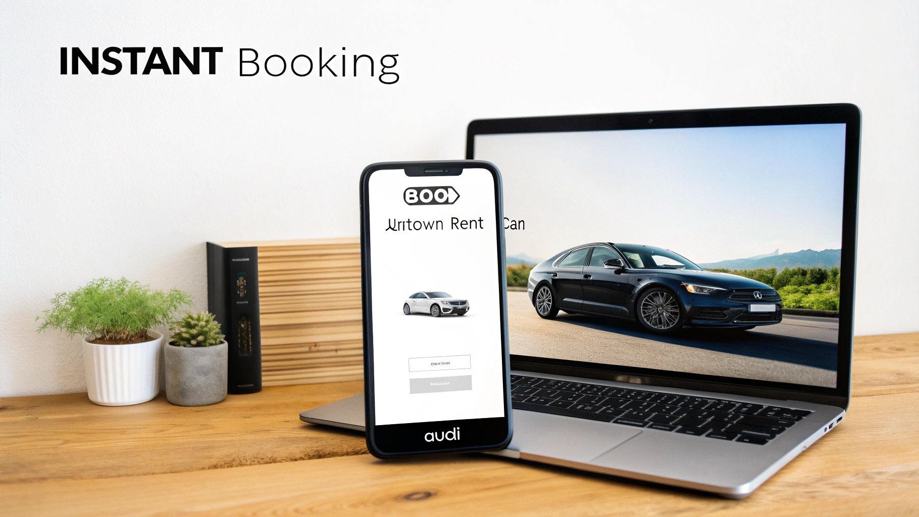 A smartphone and laptop display car rental apps with Audi cars, promoting instant booking.