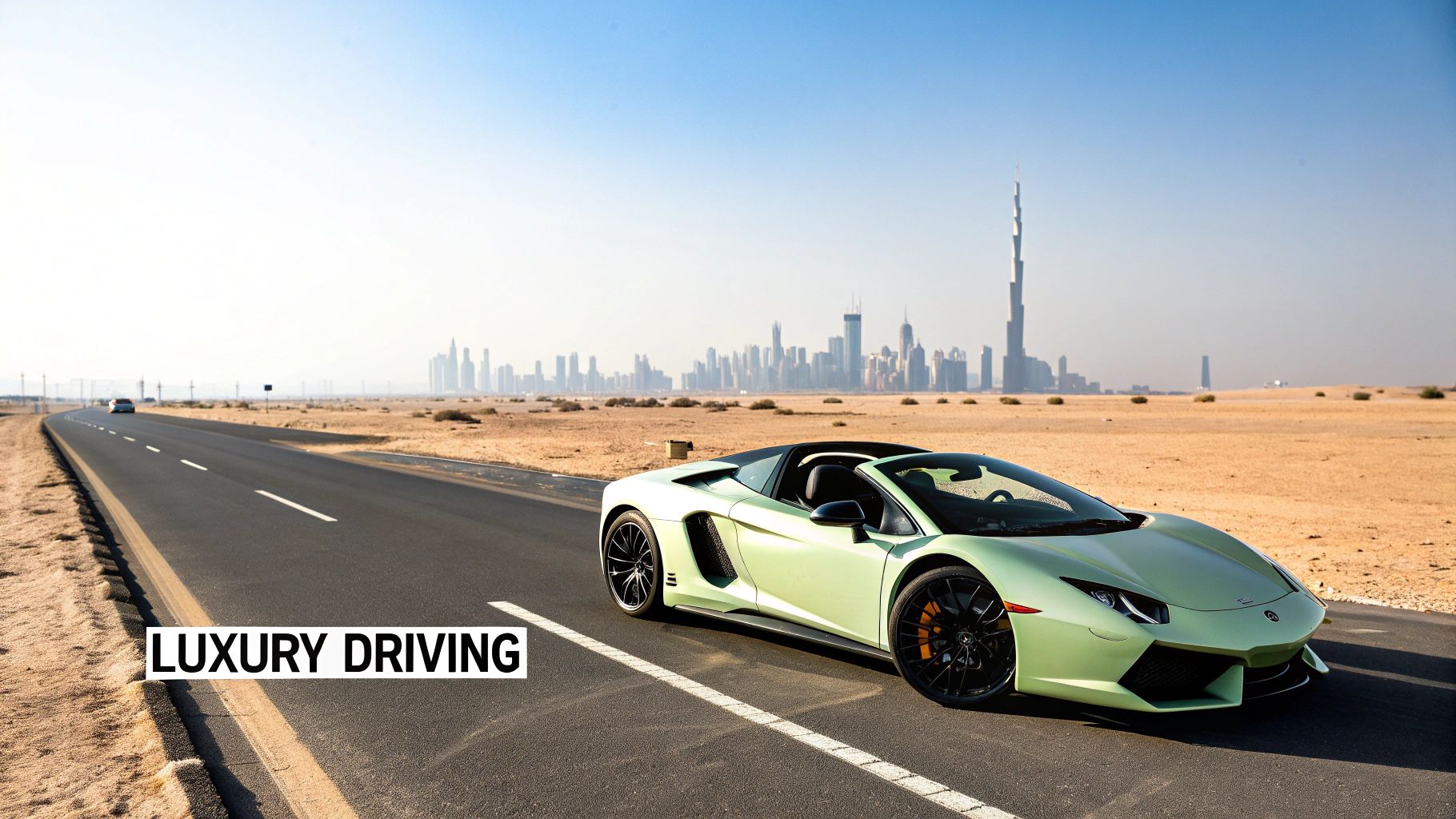 Sports car driving with the Dubai skyline in the background