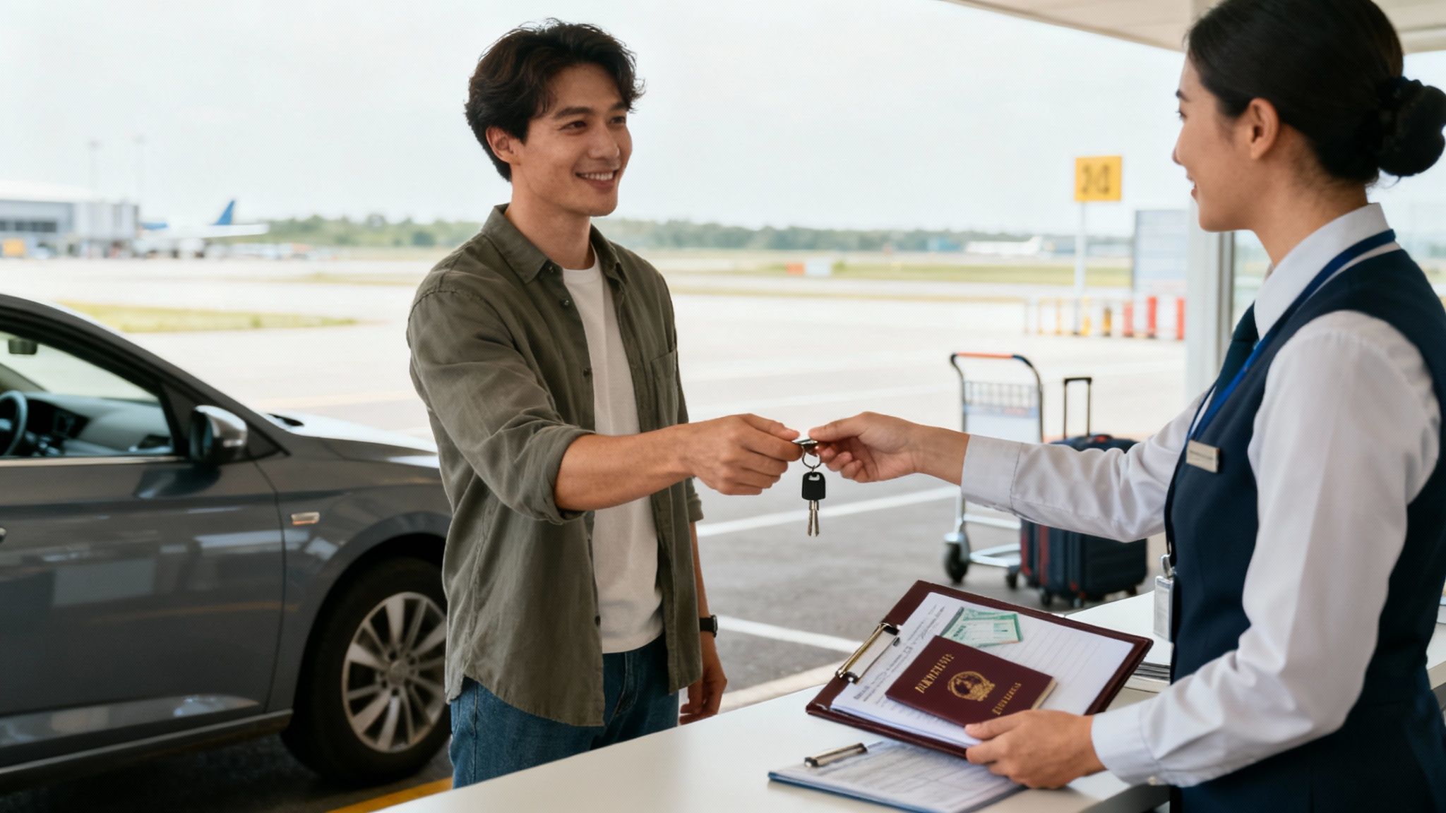 Tanger: tanger location de voiture - Guide complet pour réserver et rouler 2 Un homme souriant reçoit les clés d'une voiture de location d'un agent à l'aéroport.