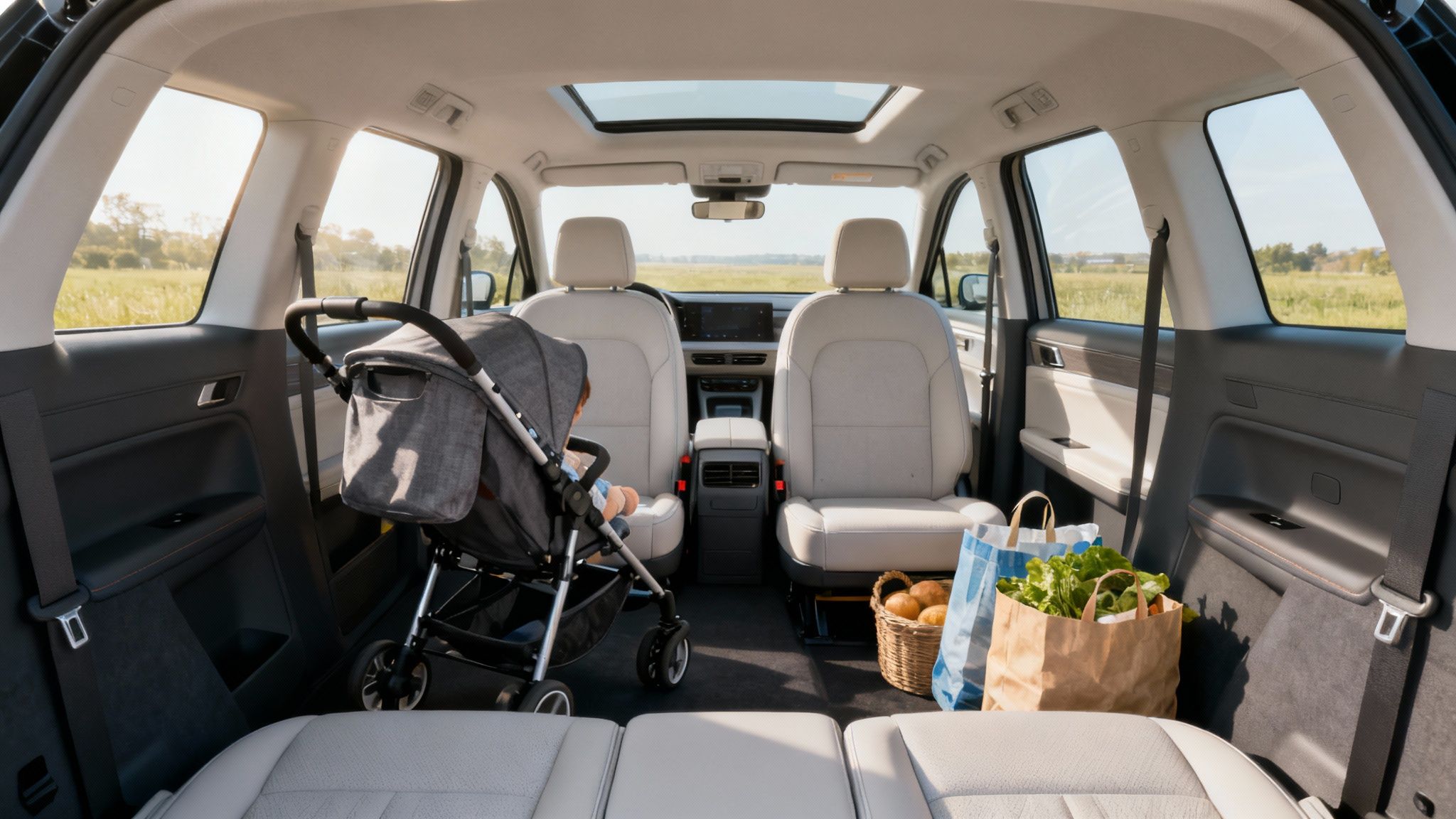 Une femme utilisant un mètre ruban pour mesurer l'intérieur d'un coffre de voiture spacieuse 5 places.