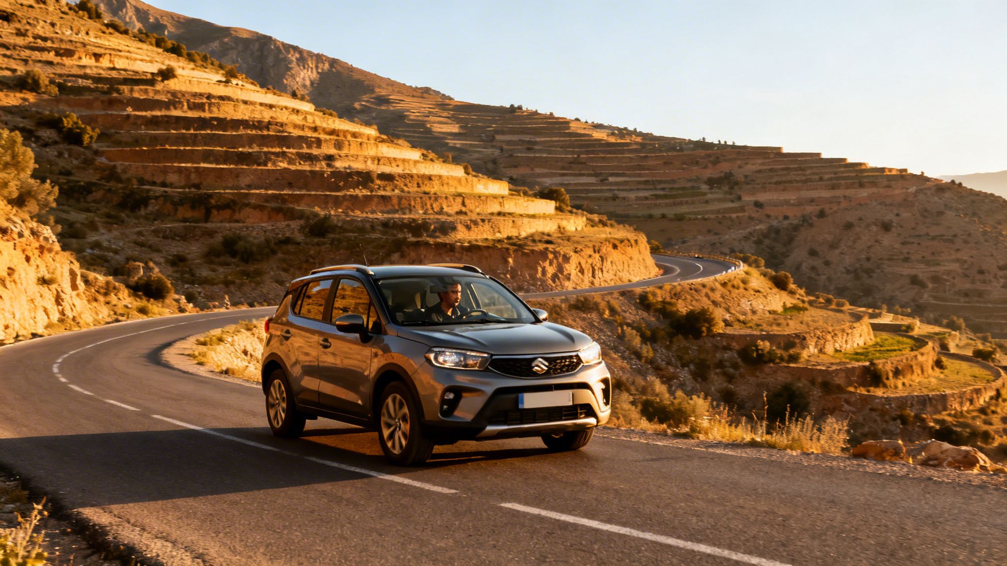 Un SUV Suzuki gris roule sur une route de montagne sinueuse au Maroc, avec des terrasses agricoles au coucher du soleil.