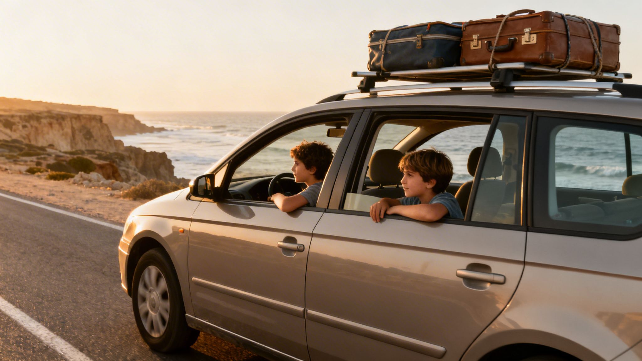 Deux garçons regardent le paysage depuis une voiture sur une route côtière au coucher du soleil avec des valises sur le toit.