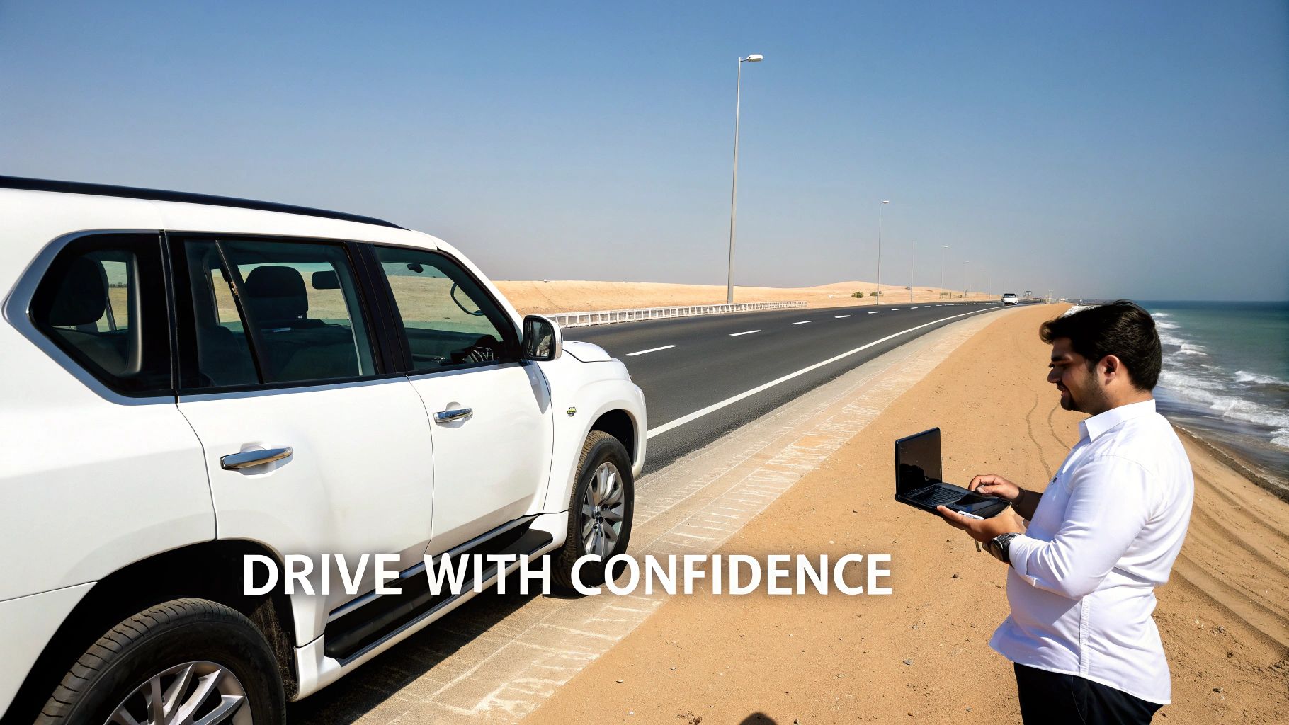 Discover How to rent nissan patrol in Dubai: Your Essential Guide 4 A man with a laptop stands by a white Nissan Patrol SUV on a desert road next to the sea.