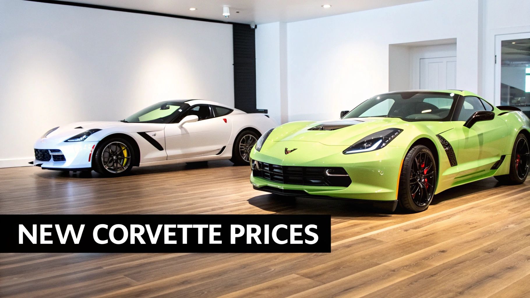 Corvette Price In Dubai A Complete Buying And Renting Guide 2 Two new Chevrolet Corvette sports cars, one white and one lime green, displayed in a bright showroom with wooden floors.