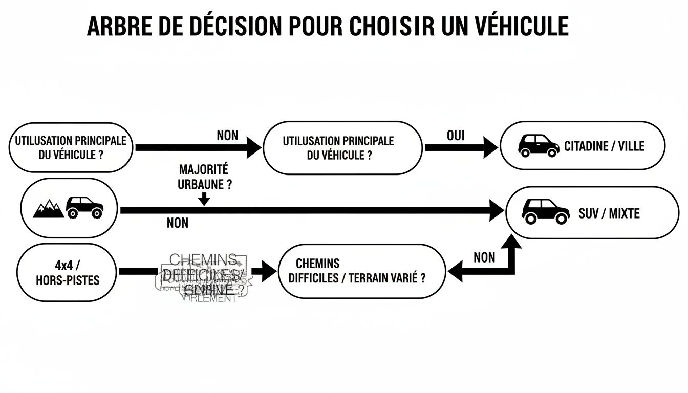 Arbre de décision pour choisir un véhicule, guidant les choix selon l'utilisation principale, l'environnement urbain et le type de terrain.