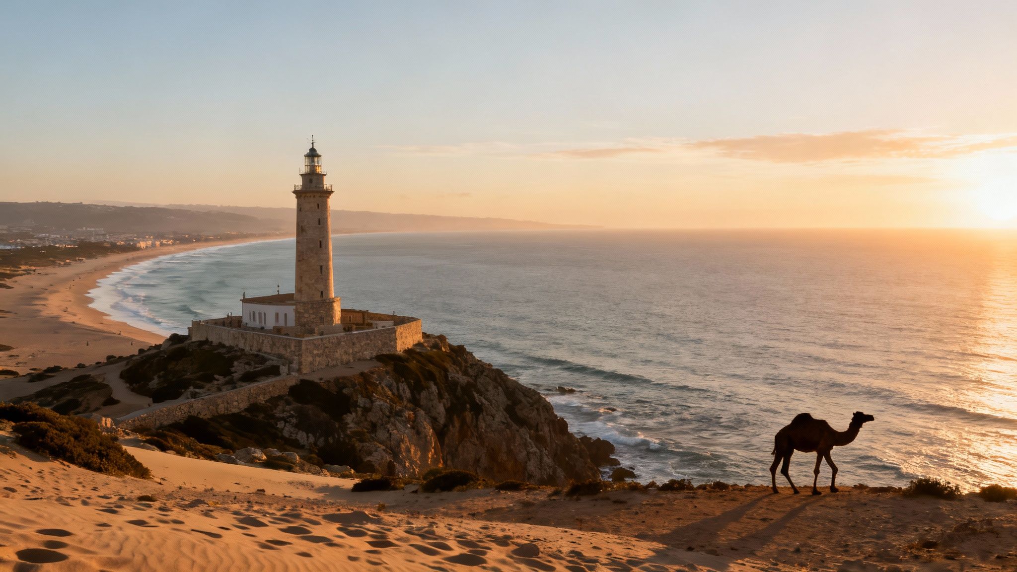 Vue du phare emblématique du Cap Spartel à Tanger, perché sur une falaise au-dessus de l'océan Atlantique.