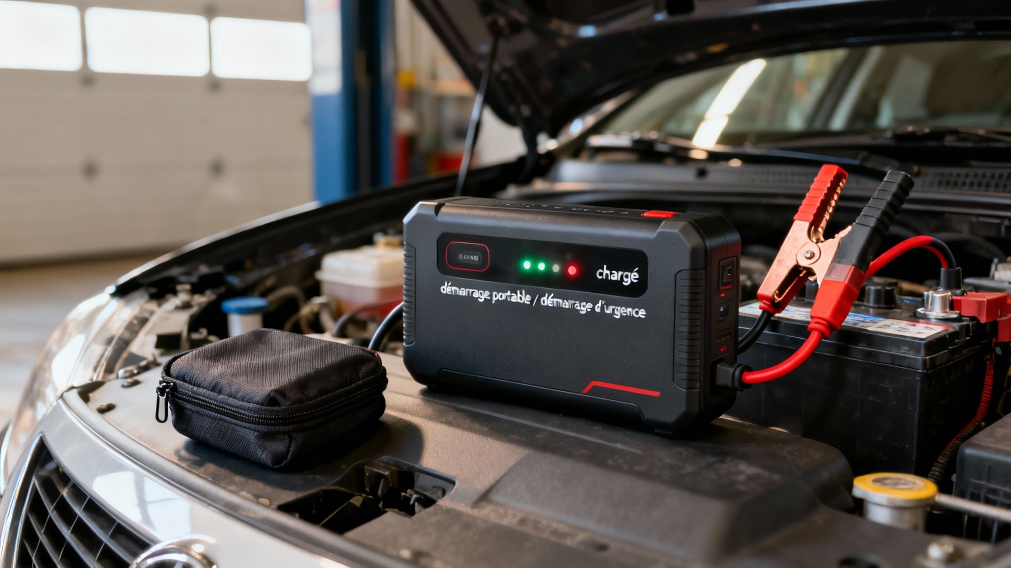 Un démarreur de batterie portable noir connecté à une batterie de voiture dans un garage, prêt à démarrer.