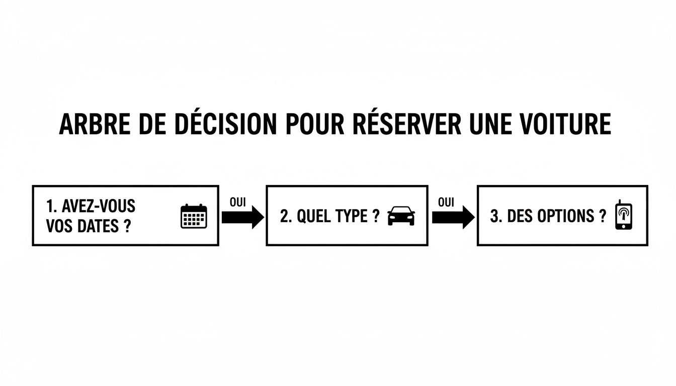 Diagramme de flux simple pour la réservation d'une voiture, présentant les étapes : dates, type de véhicule et options.
