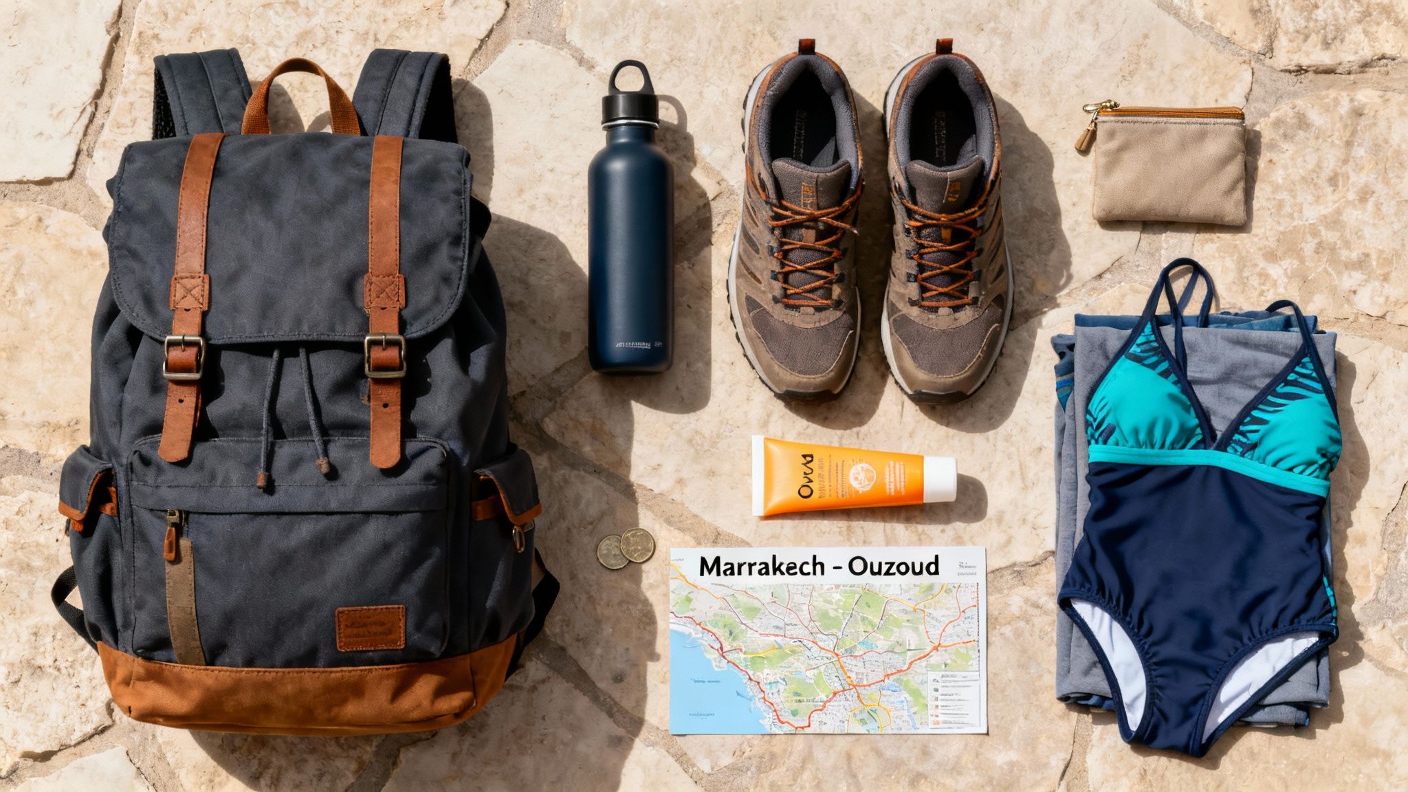 Préparatifs de voyage pour Marrakech-Ouzoud: sac à dos, chaussures de randonnée, maillot de bain, carte et crème solaire.