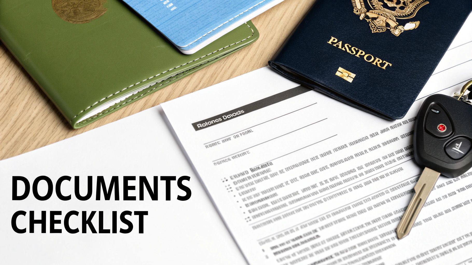 Travel documents checklist with passport, notebooks, and car keys on wooden desk