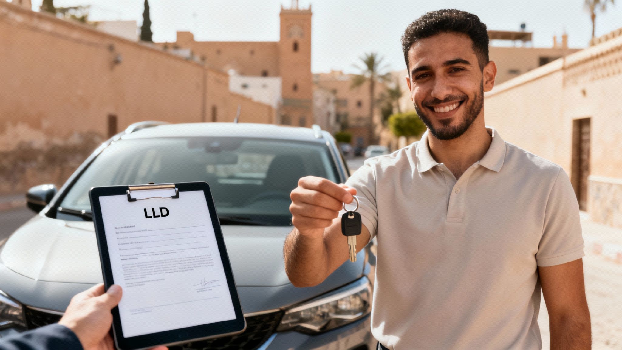 Une voiture blanche moderne roulant sur une route côtière ensoleillée au Maroc