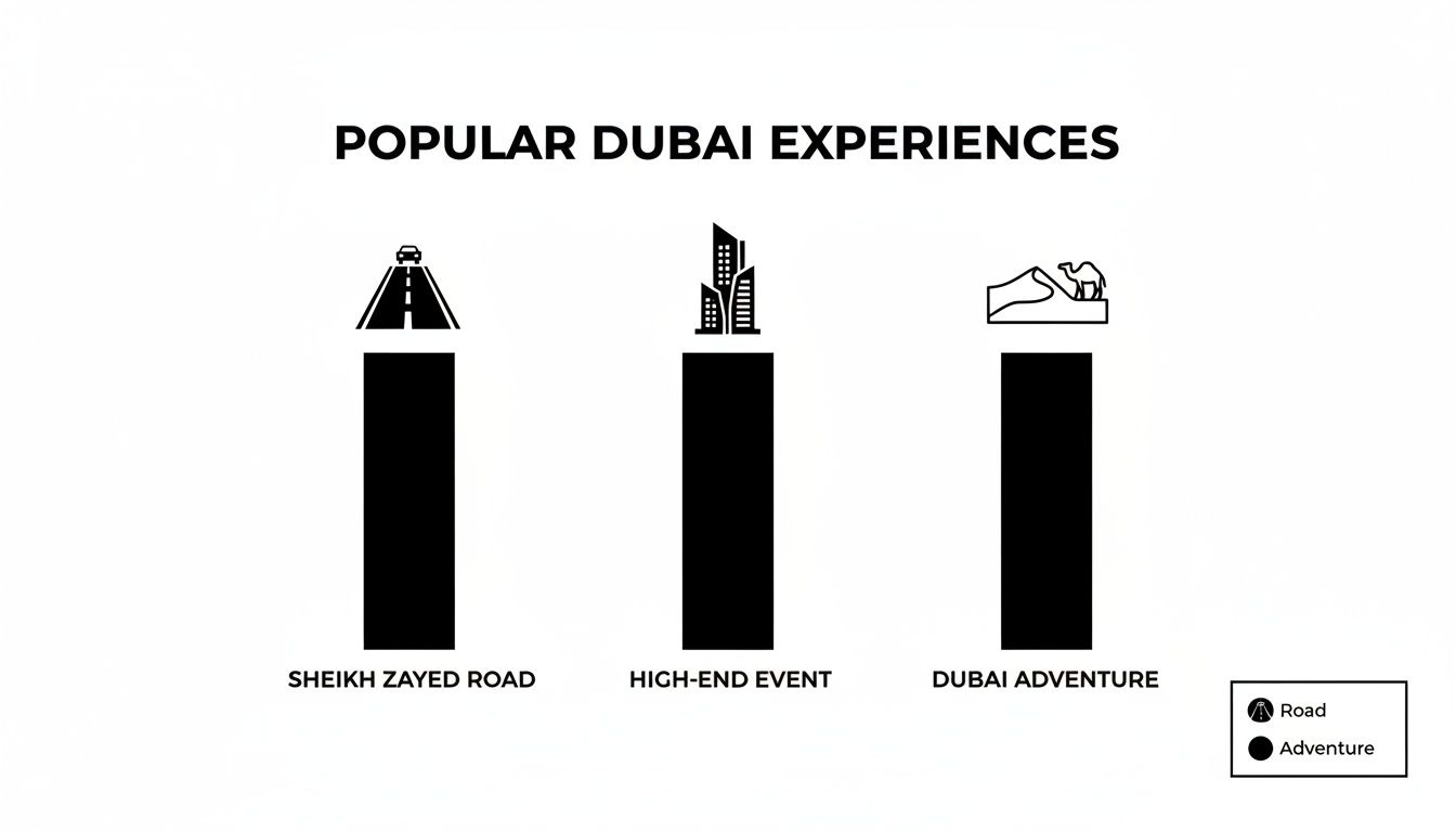 Infographic displaying popular Dubai experiences, including Sheikh Zayed Road, high-end events, and desert adventures.