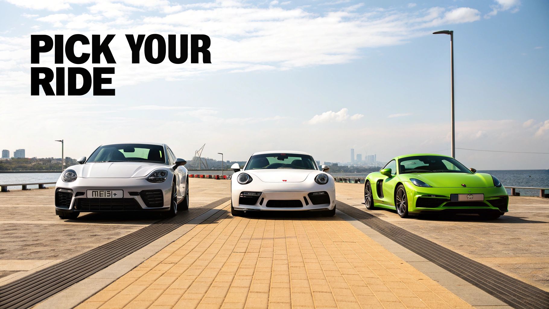 A sports car parked with a city skyline in the background
