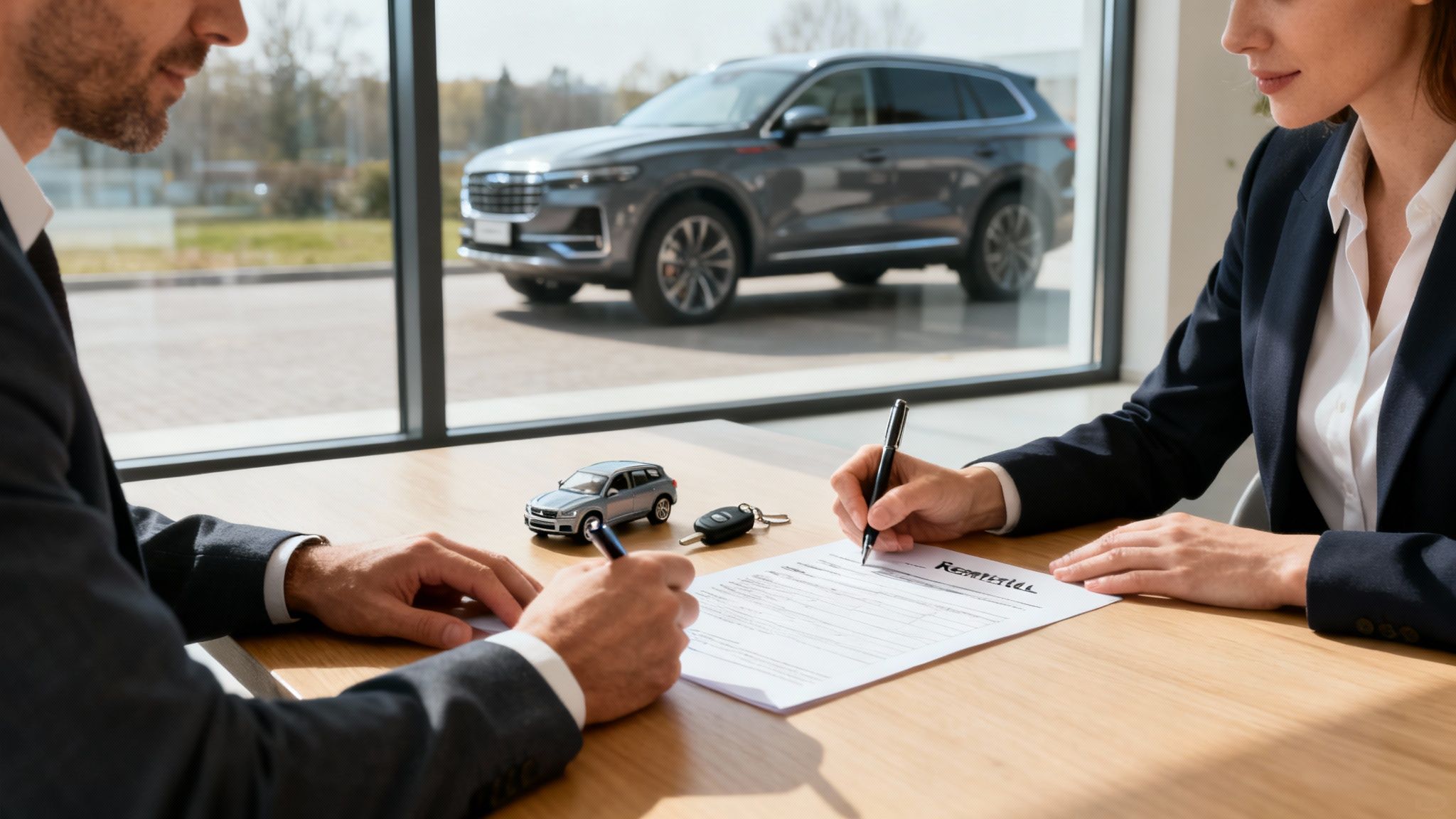 Deux personnes signent un contrat de voiture dans un concessionnaire, avec un modèle et des clés sur la table.