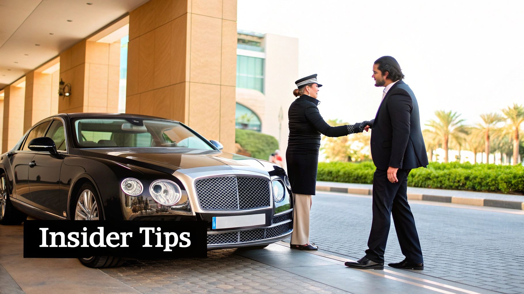 Rental Bentley Dubai Your Ultimate Luxury Guide 3 Luxury Bentley valet service at upscale Dubai hotel with professional chauffeur greeting guest