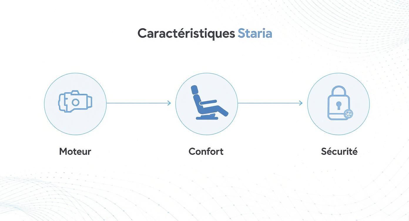 Infographie présentant les caractéristiques clés du Hyundai Staria : Moteur, Confort et Sécurité, avec icônes.