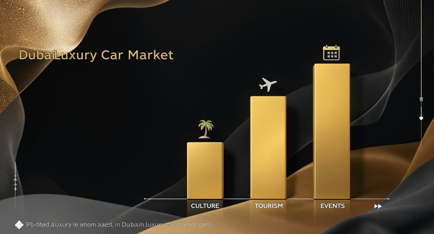 Infographic showcasing the key drivers of Dubai's luxury car market, including tourism, culture, and events, with gold and black luxury styling.