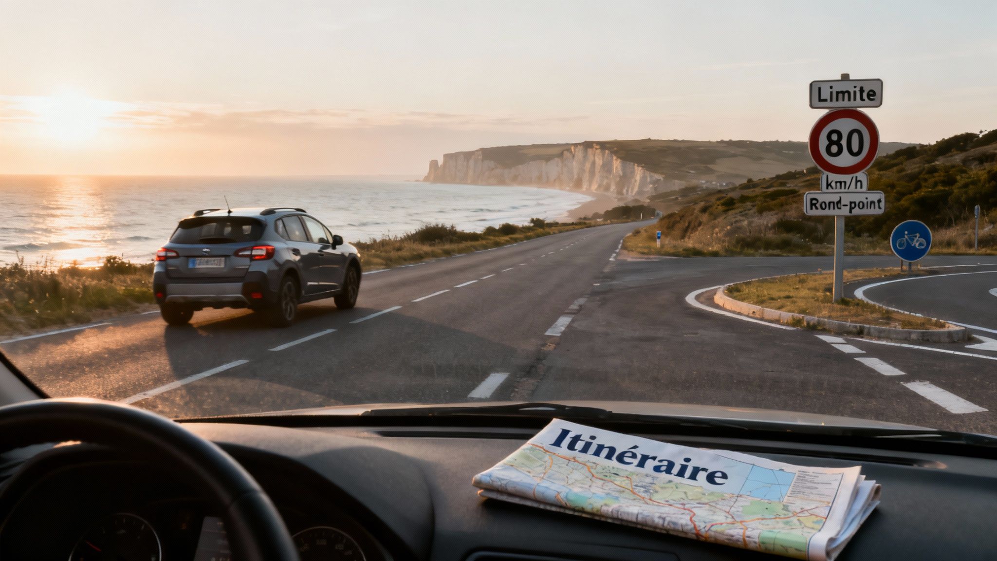 Vue depuis l'intérieur d'une voiture sur une route côtière française au coucher du soleil, avec des falaises blanches et une carte routière sur le tableau de bord.